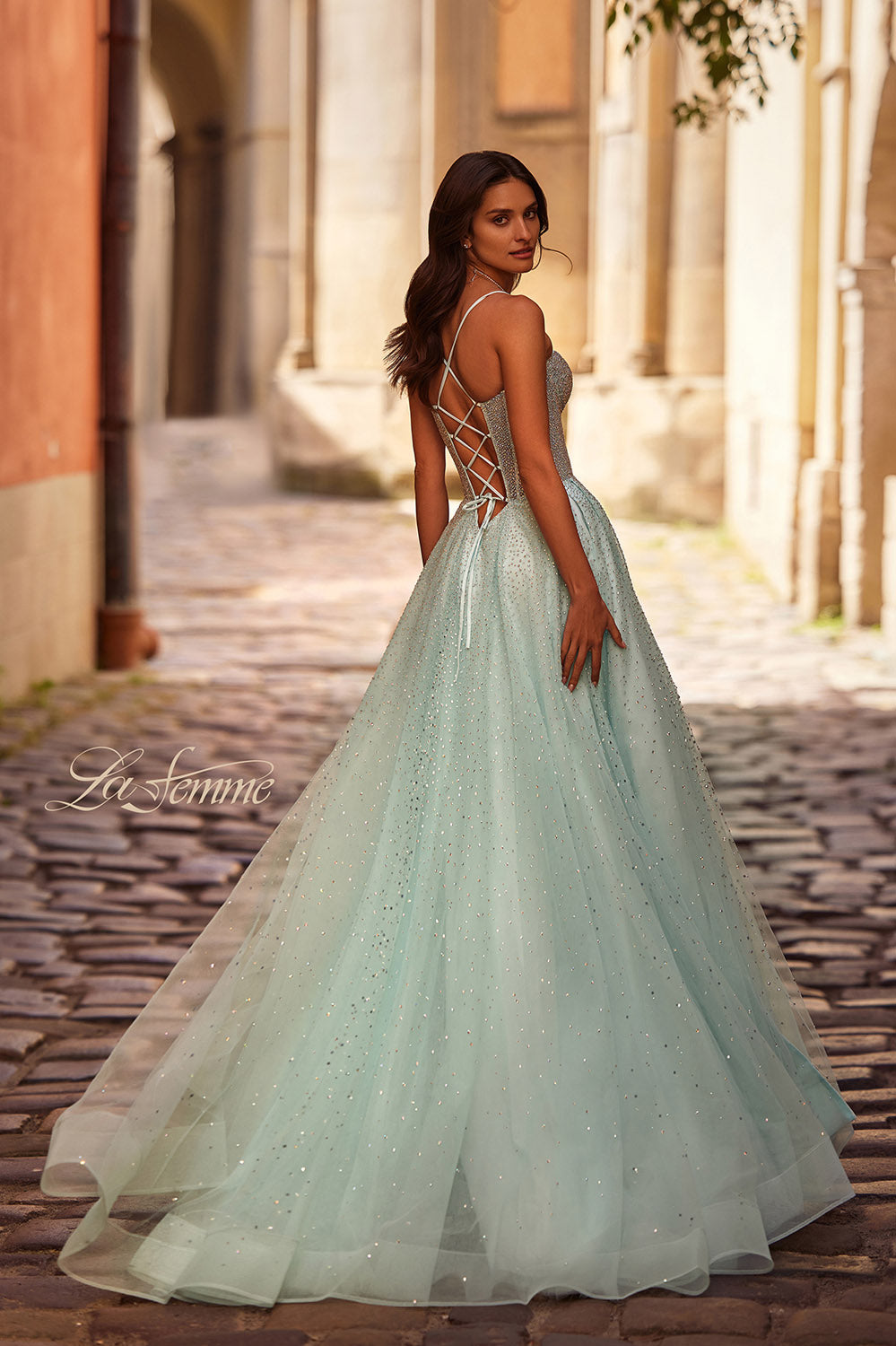 La Femme 32725 prom dress images.  La Femme 32725 is available in these colors: Arctic Blue, Blush, Pale Yellow.