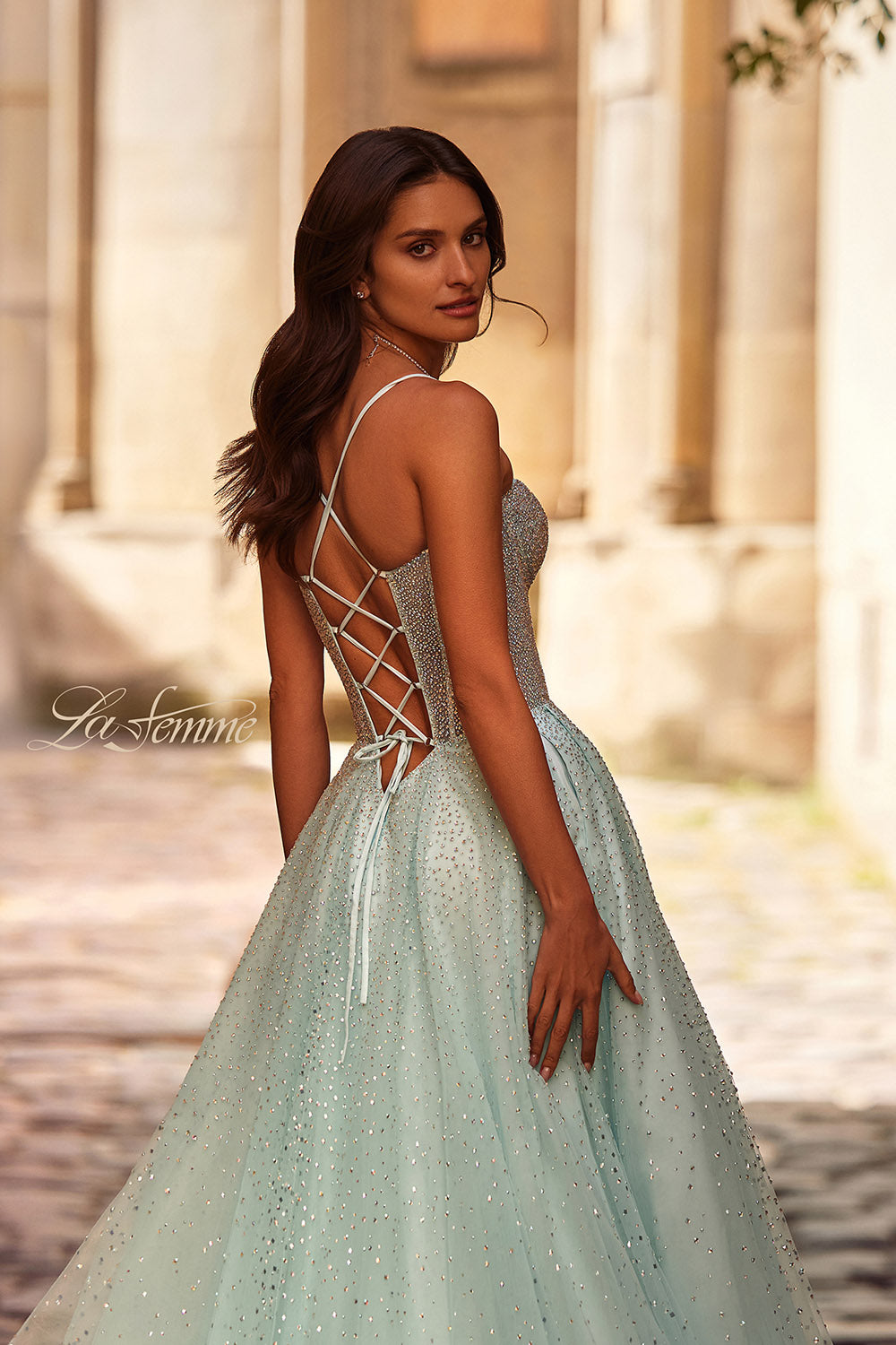 La Femme 32725 prom dress images.  La Femme 32725 is available in these colors: Arctic Blue, Blush, Pale Yellow.