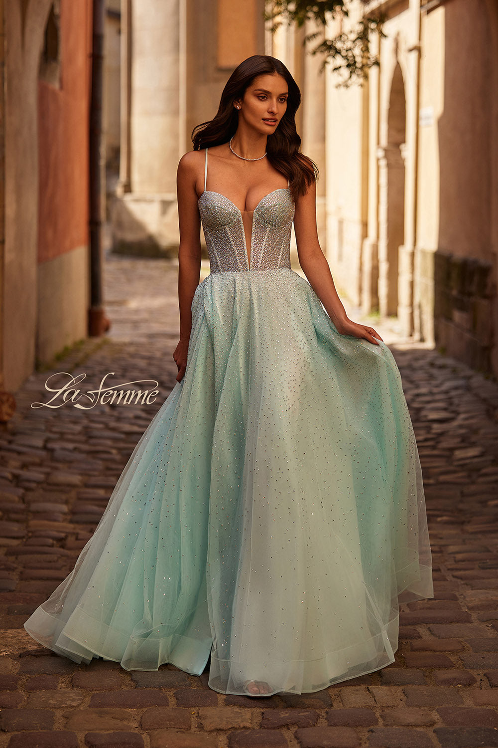 La Femme 32725 prom dress images.  La Femme 32725 is available in these colors: Arctic Blue, Blush, Pale Yellow.