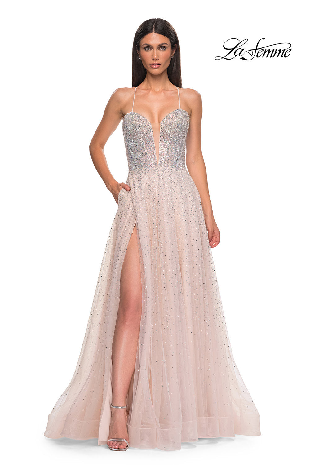 La Femme 32725 prom dress images.  La Femme 32725 is available in these colors: Arctic Blue, Blush, Pale Yellow.