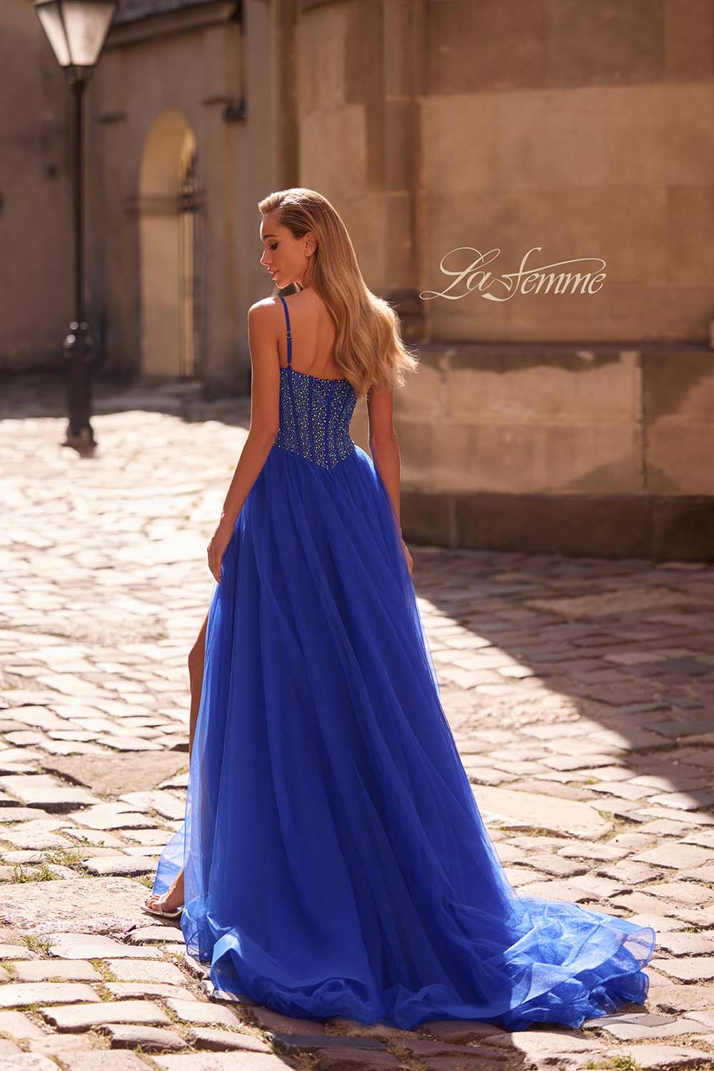 La Femme 32754 prom dress images.  La Femme 32754 is available in these colors: Dark Teal, Royal Blue, Royal Purple.