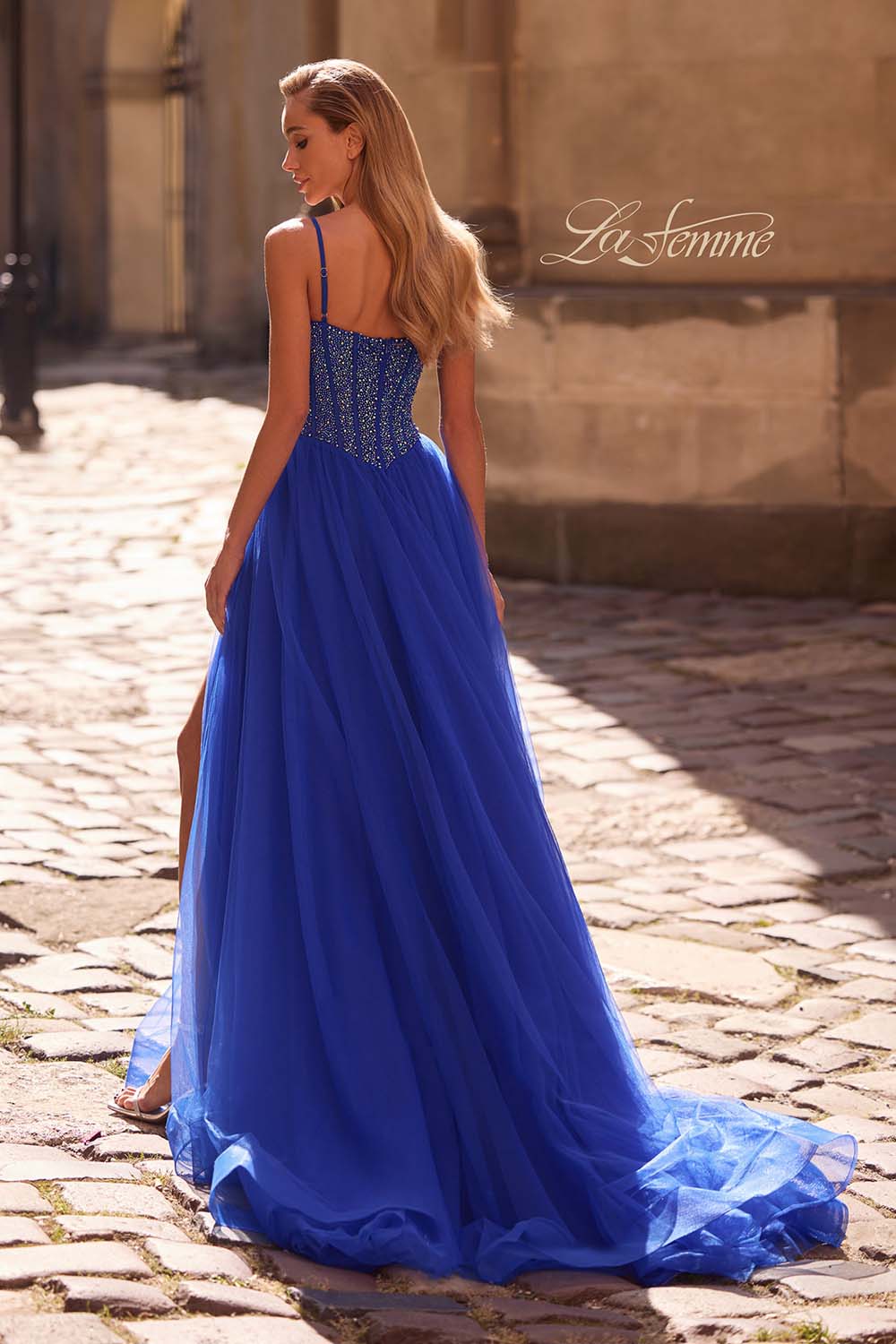 La Femme 32754 prom dress images.  La Femme 32754 is available in these colors: Dark Teal, Royal Blue, Royal Purple.