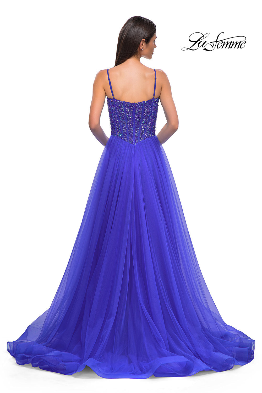 La Femme 32754 prom dress images.  La Femme 32754 is available in these colors: Dark Teal, Royal Blue, Royal Purple.