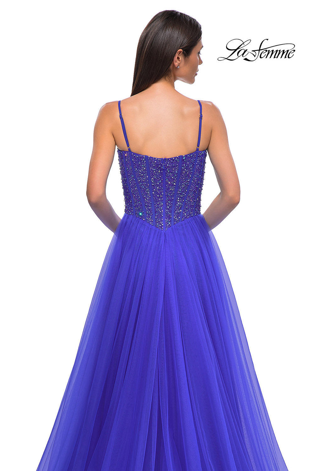 La Femme 32754 prom dress images.  La Femme 32754 is available in these colors: Dark Teal, Royal Blue, Royal Purple.