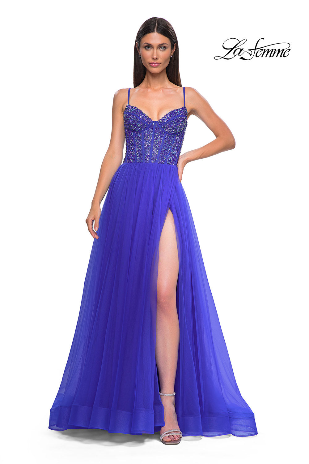 La Femme 32754 prom dress images.  La Femme 32754 is available in these colors: Dark Teal, Royal Blue, Royal Purple.