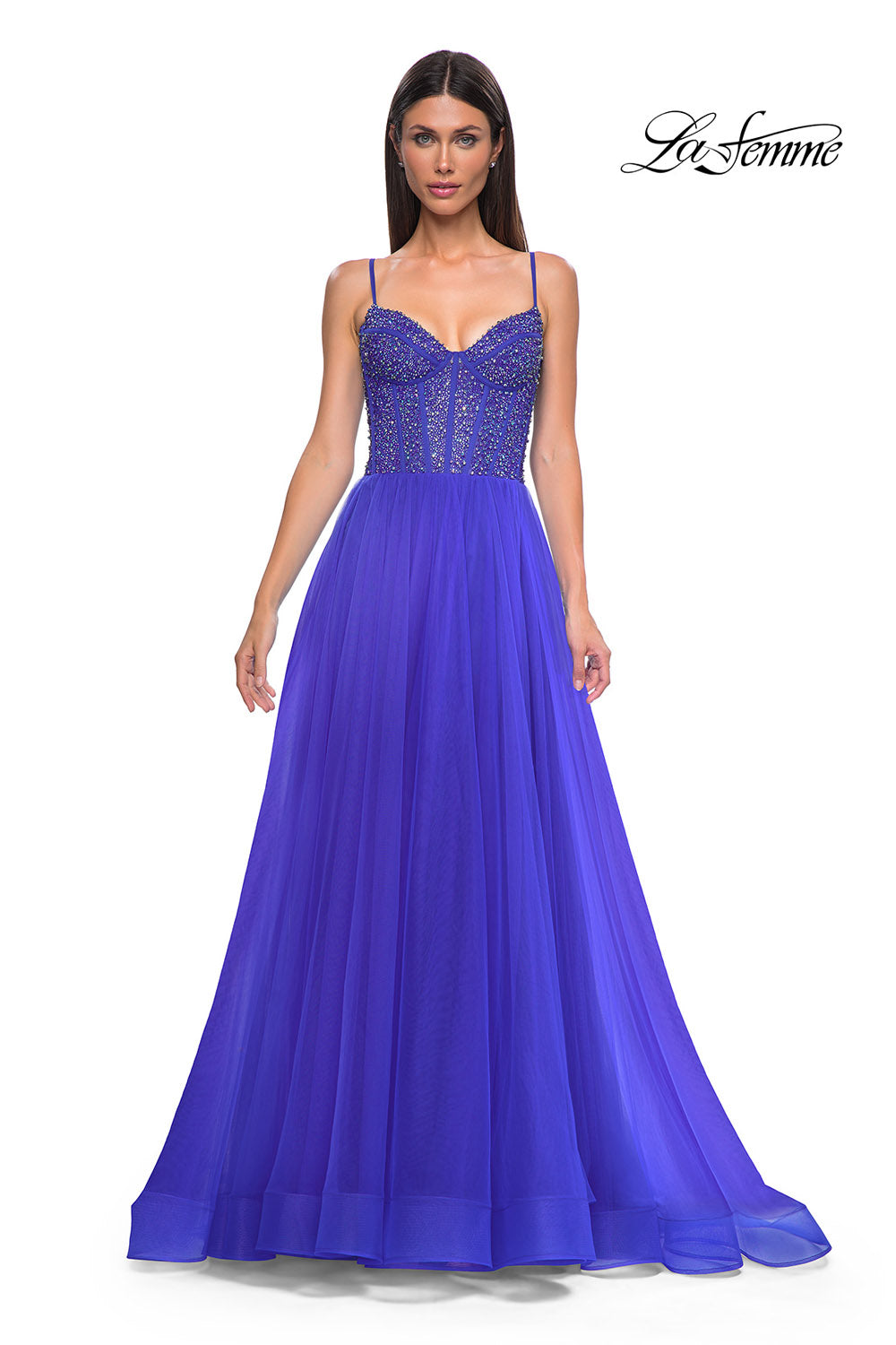 La Femme 32754 prom dress images.  La Femme 32754 is available in these colors: Dark Teal, Royal Blue, Royal Purple.