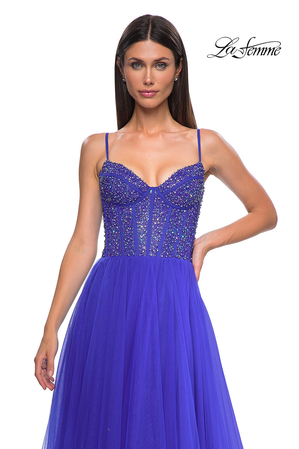 La Femme 32754 prom dress images.  La Femme 32754 is available in these colors: Dark Teal, Royal Blue, Royal Purple.