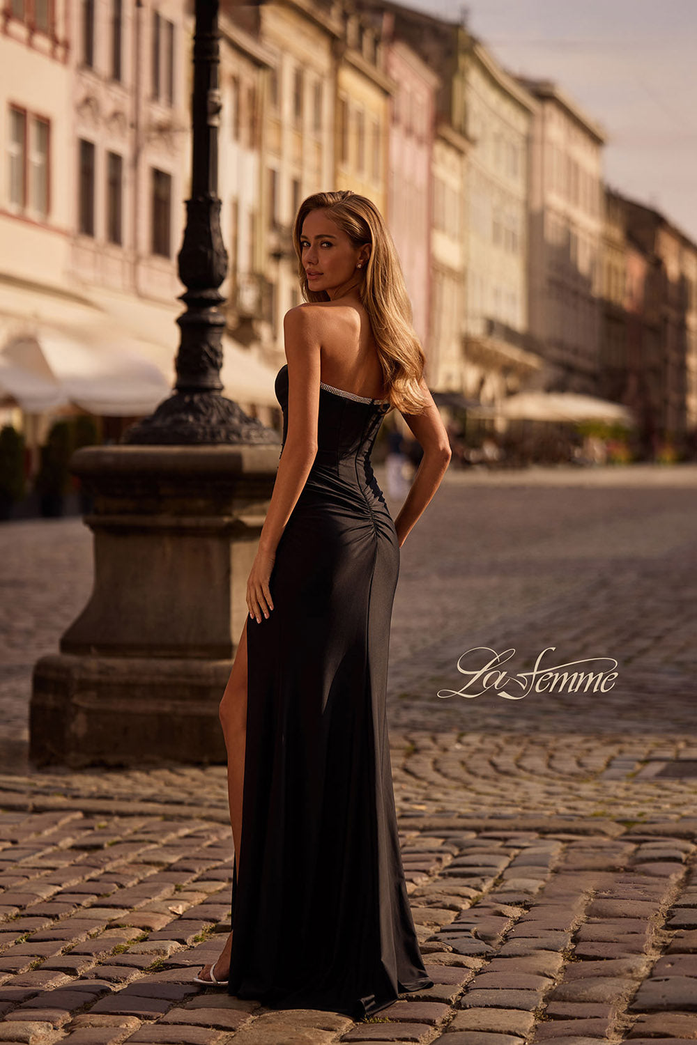 La Femme 32756 prom dress images.  La Femme 32756 is available in these colors: Black, Dark Teal, Red.