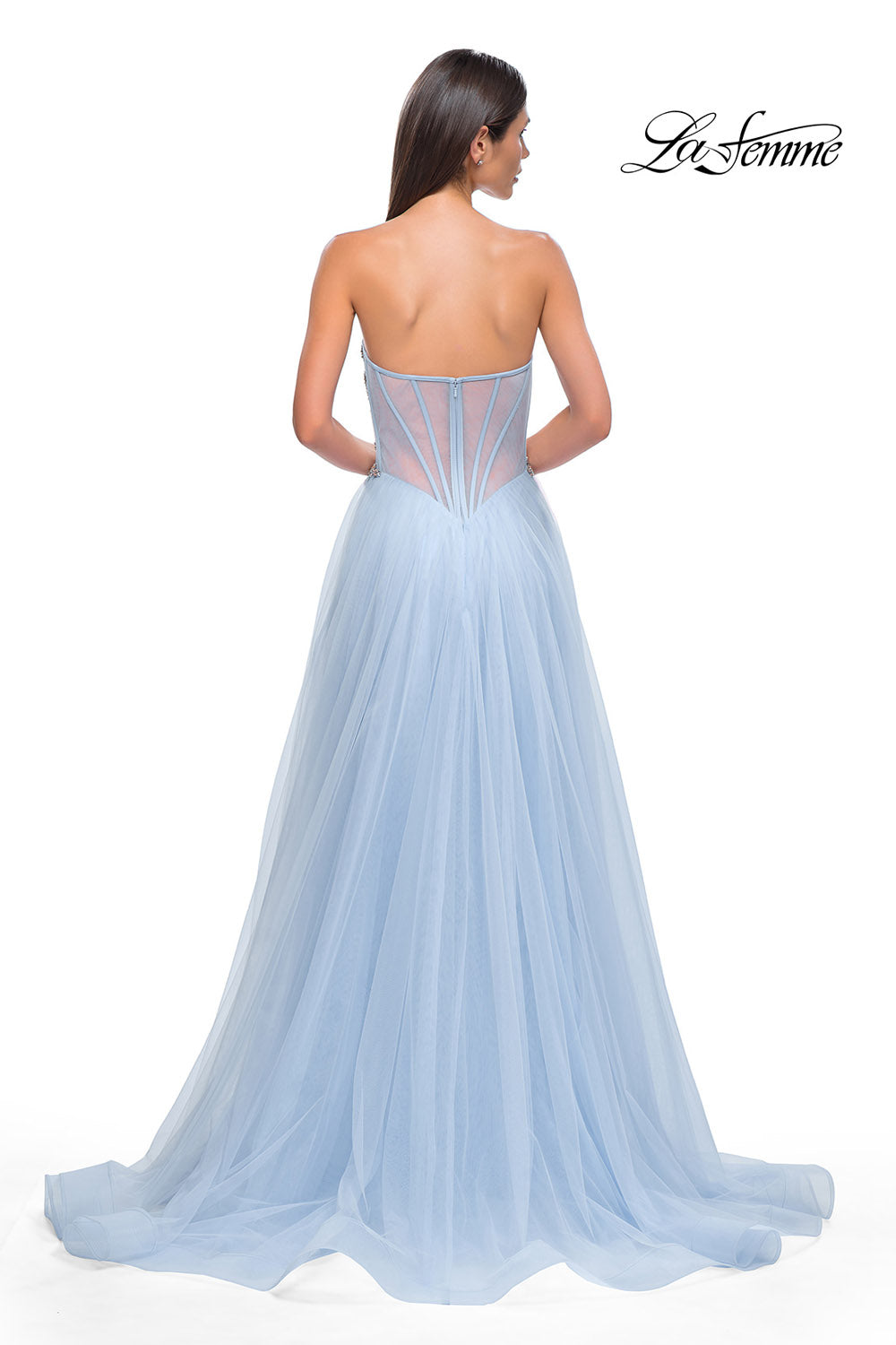 La Femme 32767 prom dress images.  La Femme 32767 is available in these colors: Blush, Cloud Blue, Lavender.