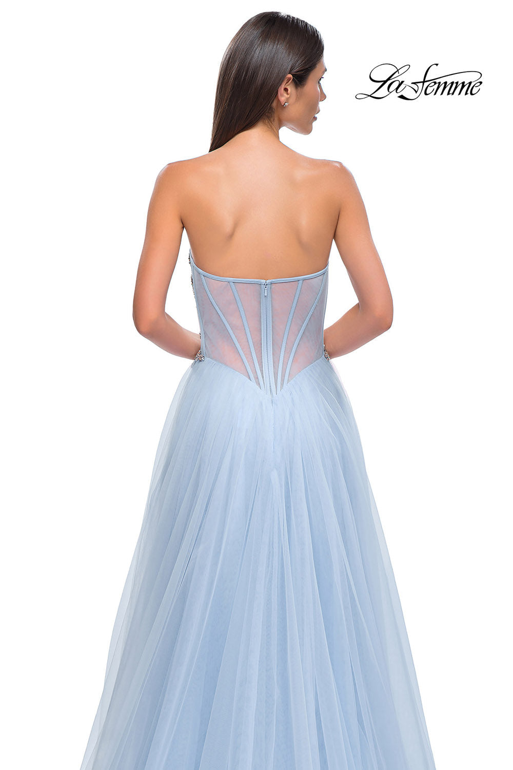 La Femme 32767 prom dress images.  La Femme 32767 is available in these colors: Blush, Cloud Blue, Lavender.