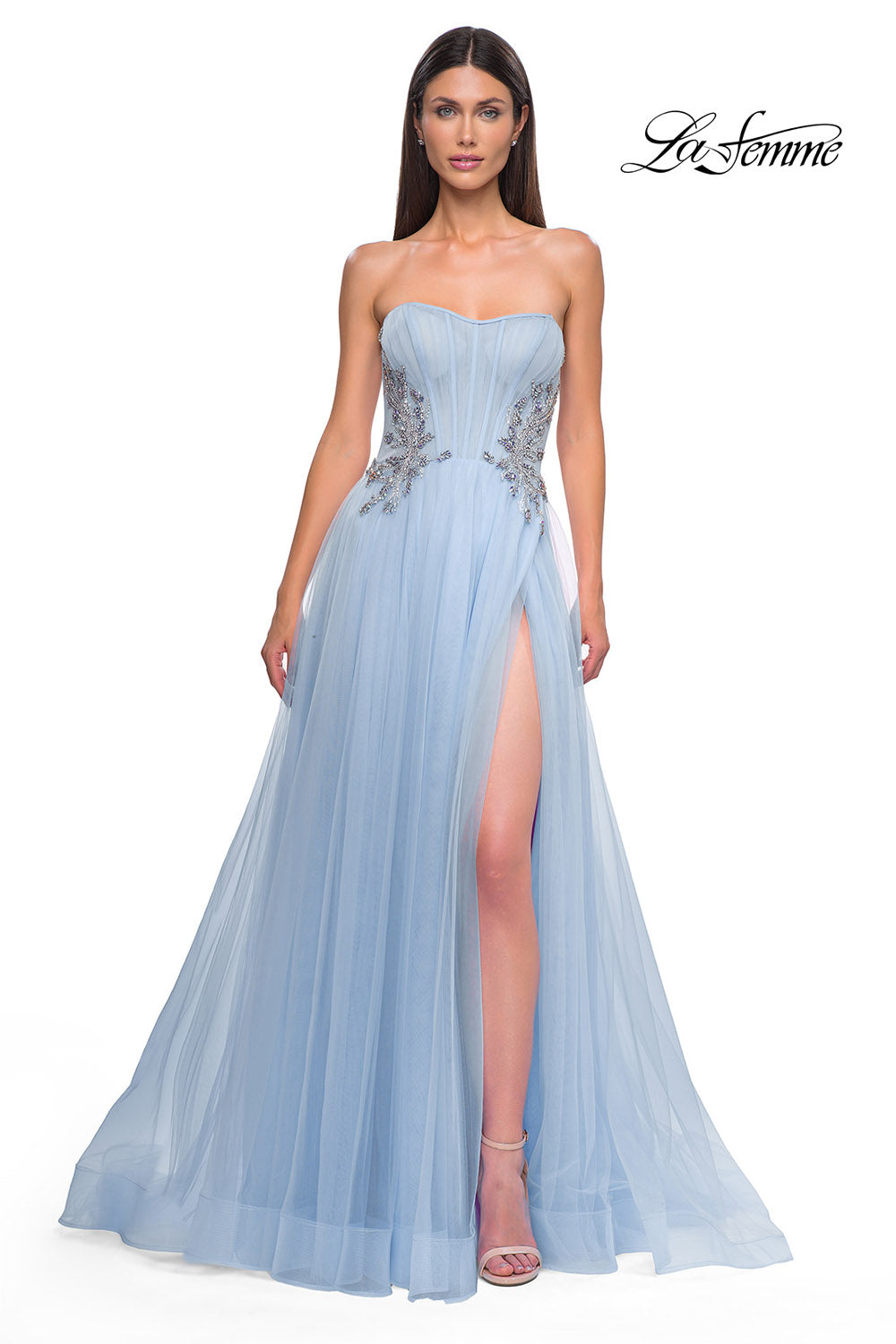 La Femme 32767 prom dress images.  La Femme 32767 is available in these colors: Blush, Cloud Blue, Lavender.