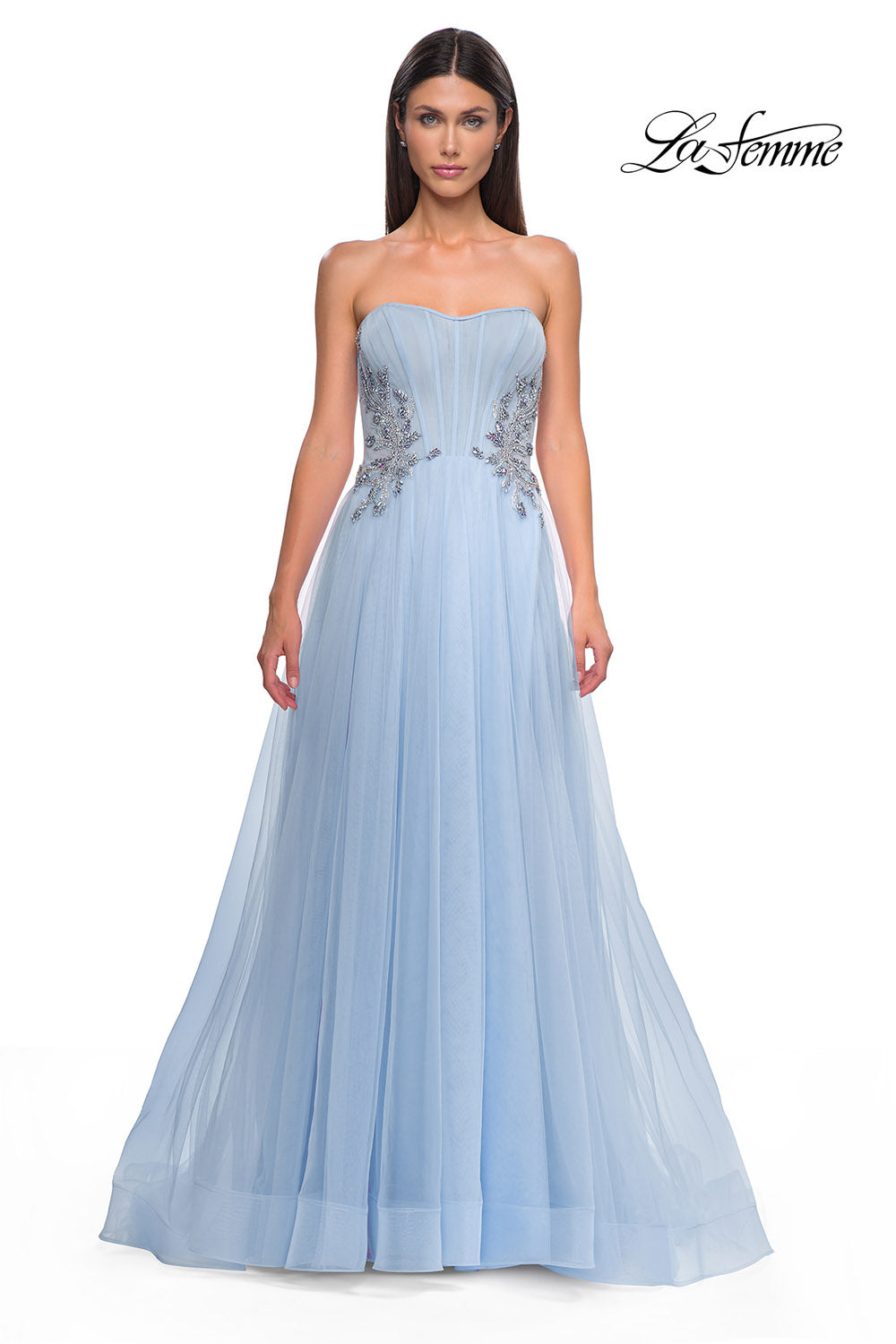 La Femme 32767 prom dress images.  La Femme 32767 is available in these colors: Blush, Cloud Blue, Lavender.