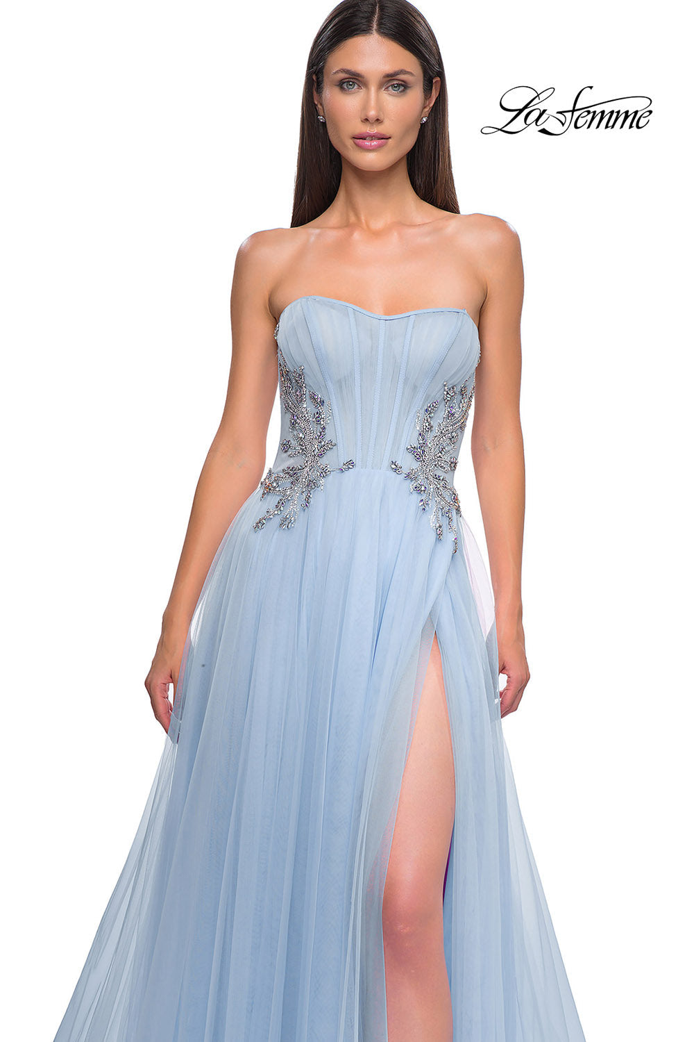 La Femme 32767 prom dress images.  La Femme 32767 is available in these colors: Blush, Cloud Blue, Lavender.