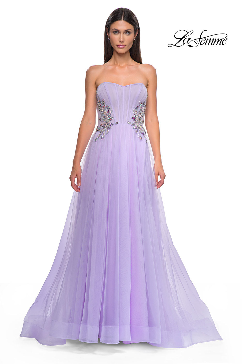 La Femme 32767 prom dress images.  La Femme 32767 is available in these colors: Blush, Cloud Blue, Lavender.