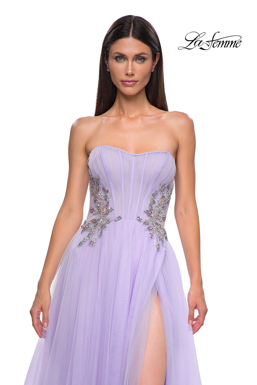 La Femme 32767 prom dress images.  La Femme 32767 is available in these colors: Blush, Cloud Blue, Lavender.