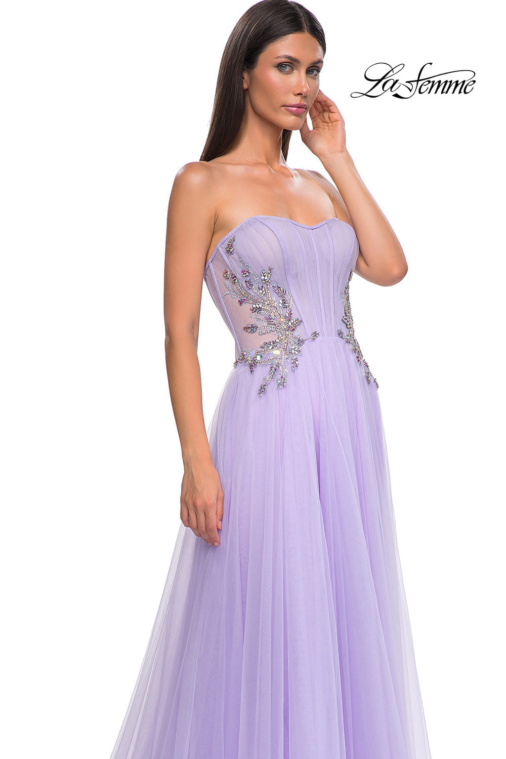 La Femme 32767 prom dress images.  La Femme 32767 is available in these colors: Blush, Cloud Blue, Lavender.