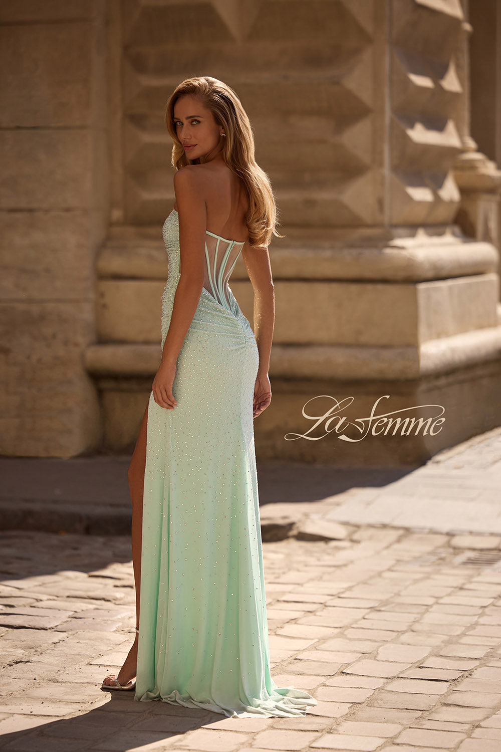 La Femme 32774 prom dress images.  La Femme 32774 is available in these colors: Dusty Pink, Light Periwinkle, Nude, Sage.