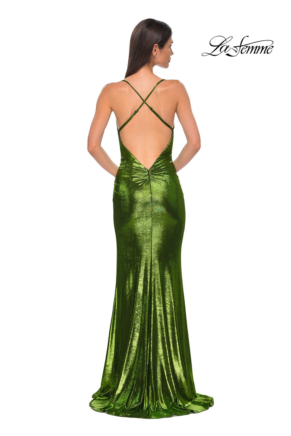 La Femme 32782 prom dress images.  La Femme 32782 is available in these colors: Bronze, Dark Teal, Emerald, Matcha, Penny, Purple.