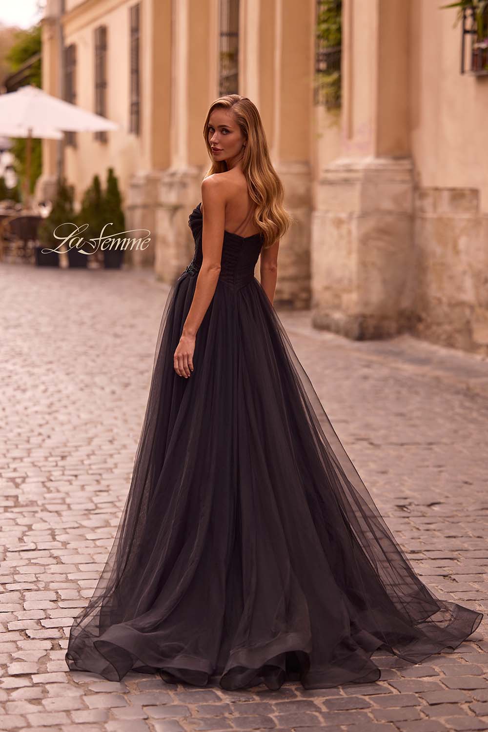 La Femme 32789 prom dress images.  La Femme 32789 is available in these colors: Black, Blush, Cloud Blue, Dark Berry, Royal Blue.