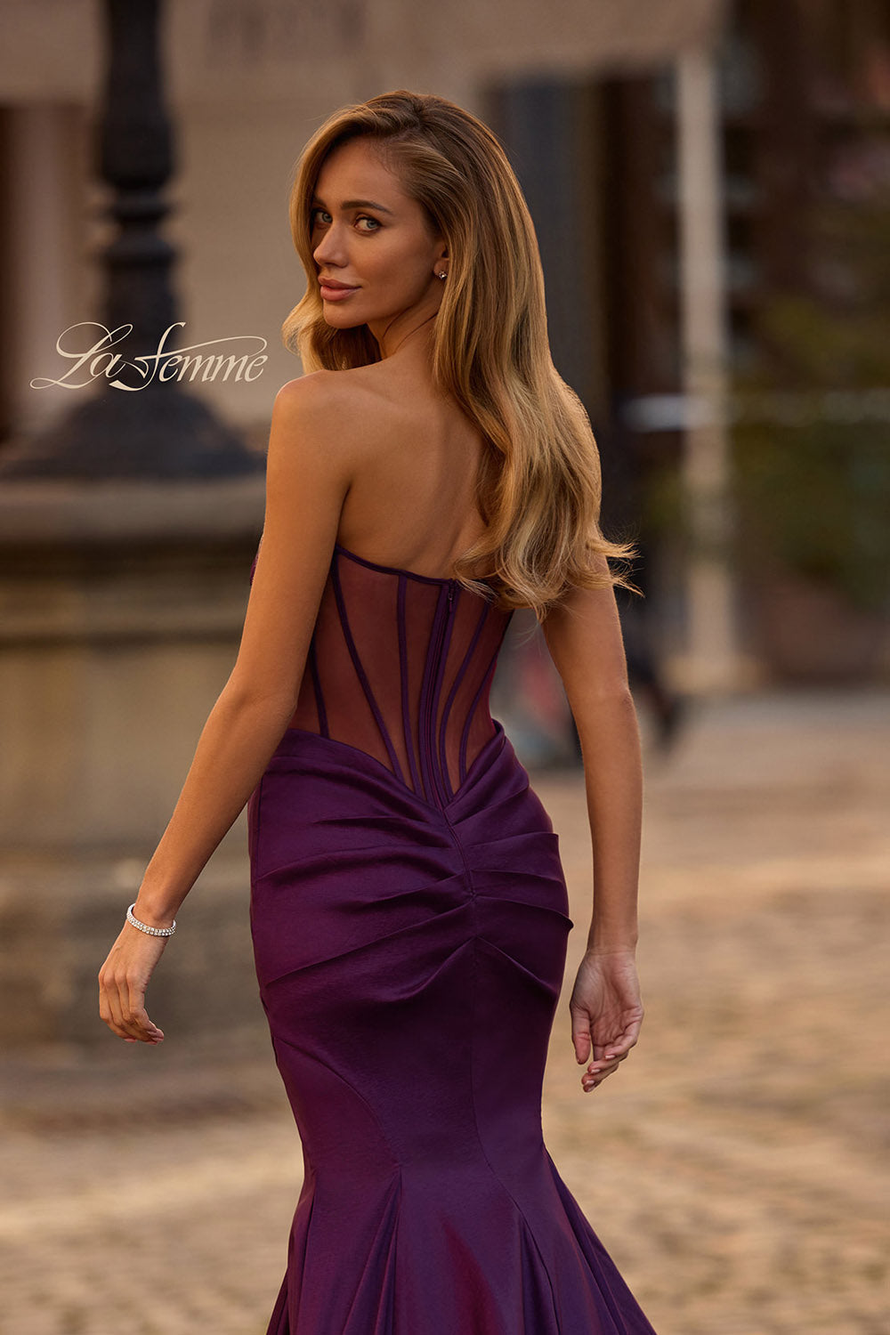 La Femme 32791 prom dress images.  La Femme 32791 is available in these colors: Black, Dark Berry, Dark Emerald, Royal Blue.