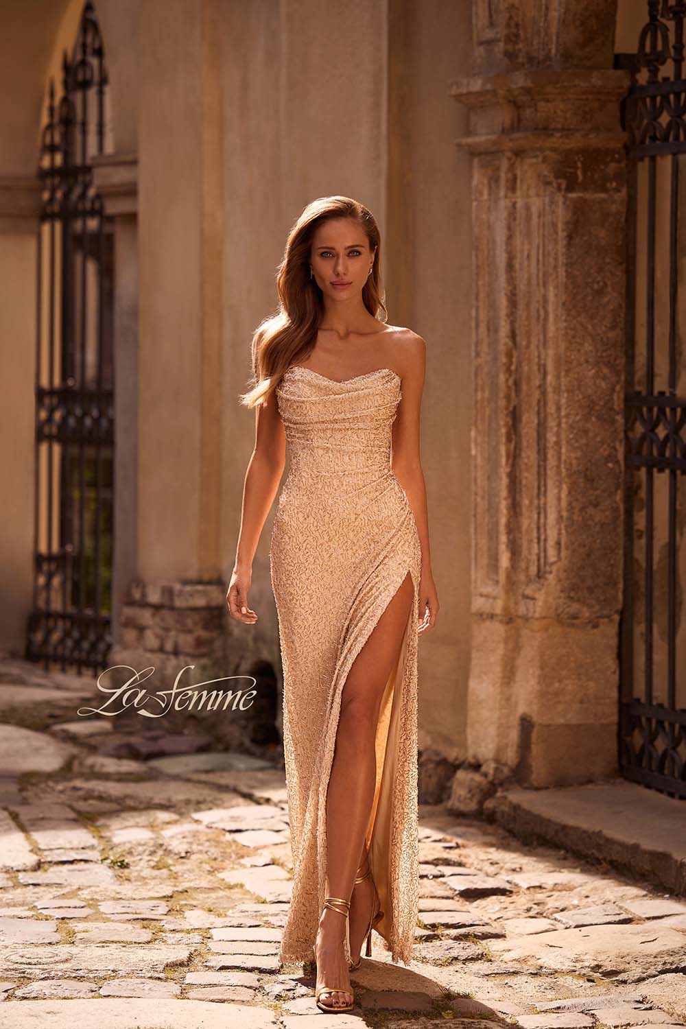 La Femme 32794 prom dress images.  La Femme 32794 is available in these colors: Champagne.