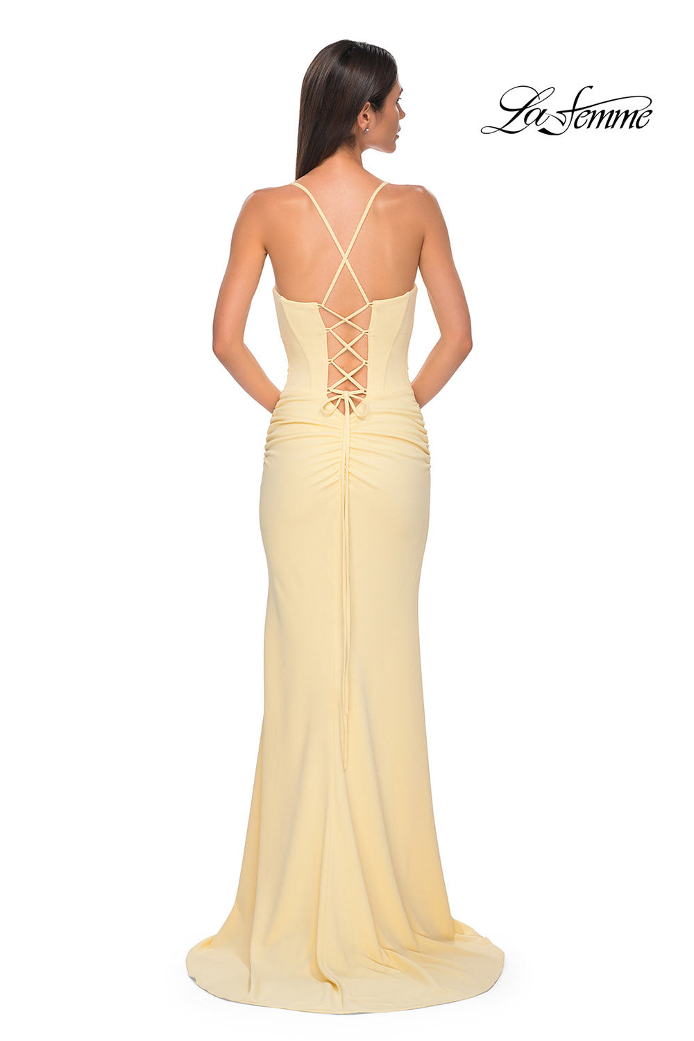 La Femme 32802 prom dress images.  La Femme 32802 is available in these colors: Black, Emerald, Ivory, Pale Yellow, Red, Royal Blue.