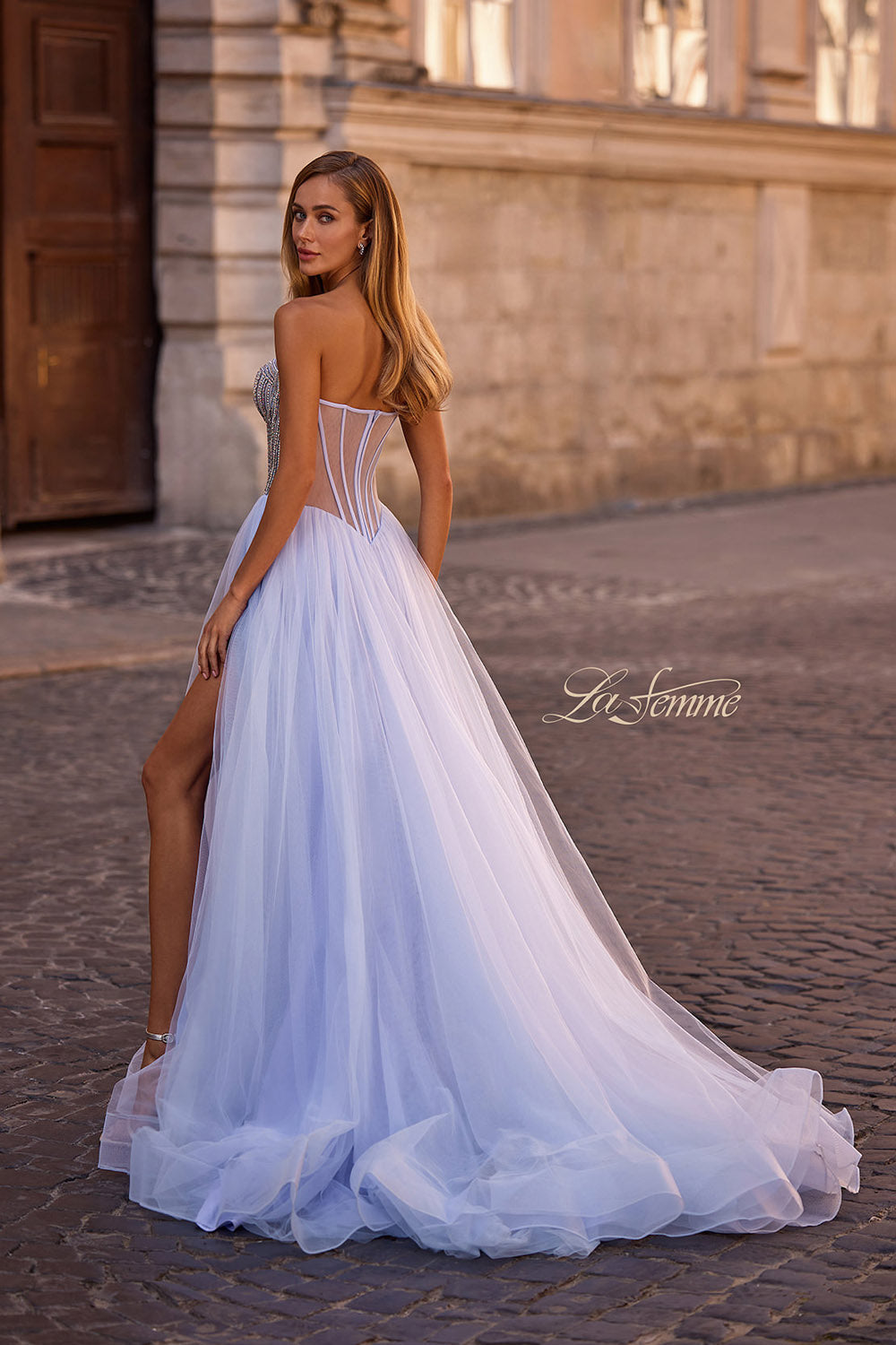 La Femme 32811 prom dress images.  La Femme 32811 is available in these colors: Light Periwinkle, Sage.