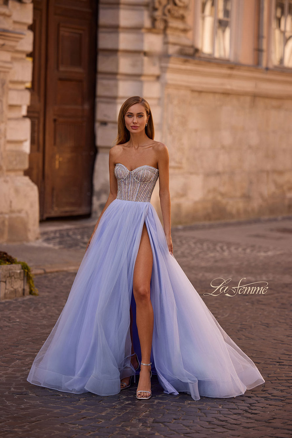 La Femme 32811 prom dress images.  La Femme 32811 is available in these colors: Light Periwinkle, Sage.