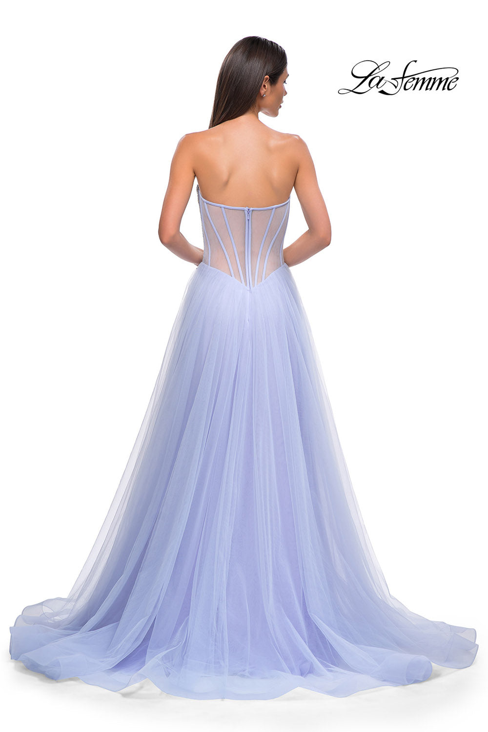 La Femme 32811 prom dress images.  La Femme 32811 is available in these colors: Light Periwinkle, Sage.