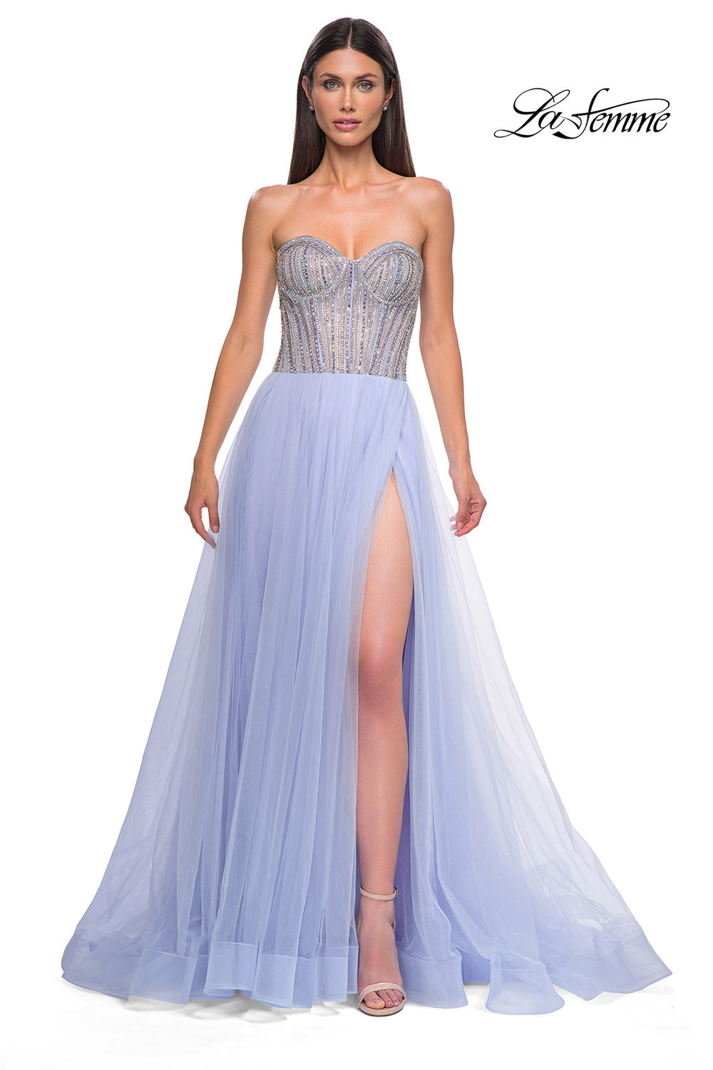 La Femme 32811 prom dress images.  La Femme 32811 is available in these colors: Light Periwinkle, Sage.