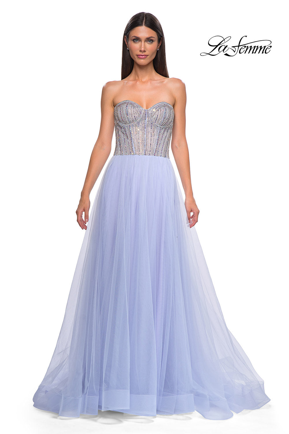 La Femme 32811 prom dress images.  La Femme 32811 is available in these colors: Light Periwinkle, Sage.