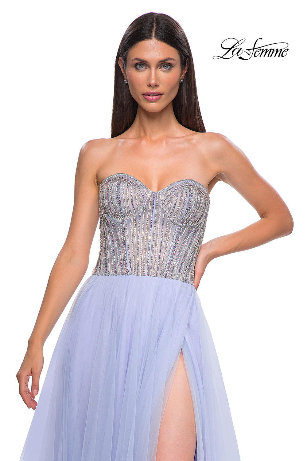 La Femme 32811 prom dress images.  La Femme 32811 is available in these colors: Light Periwinkle, Sage.