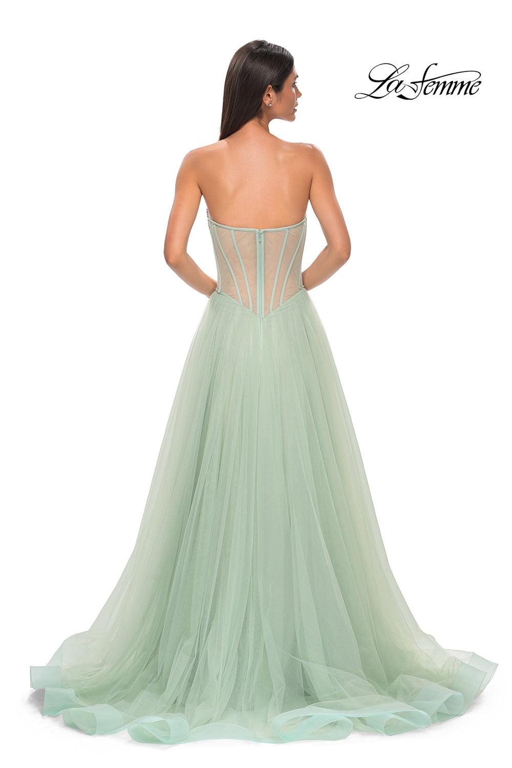 La Femme 32811 prom dress images.  La Femme 32811 is available in these colors: Light Periwinkle, Sage.