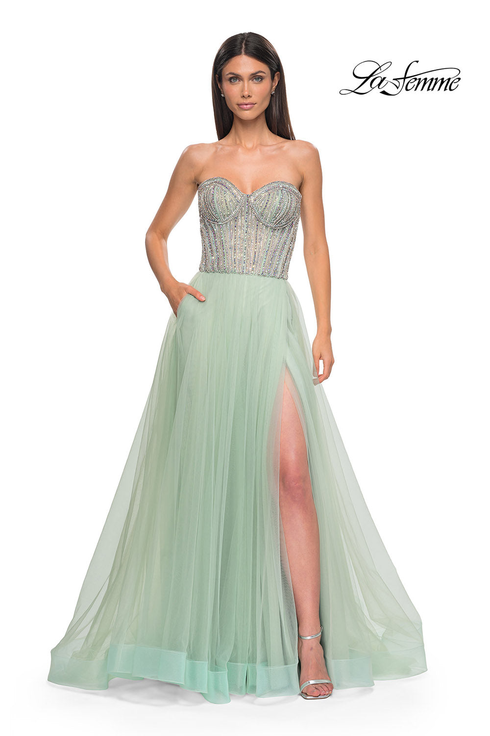 La Femme 32811 prom dress images.  La Femme 32811 is available in these colors: Light Periwinkle, Sage.