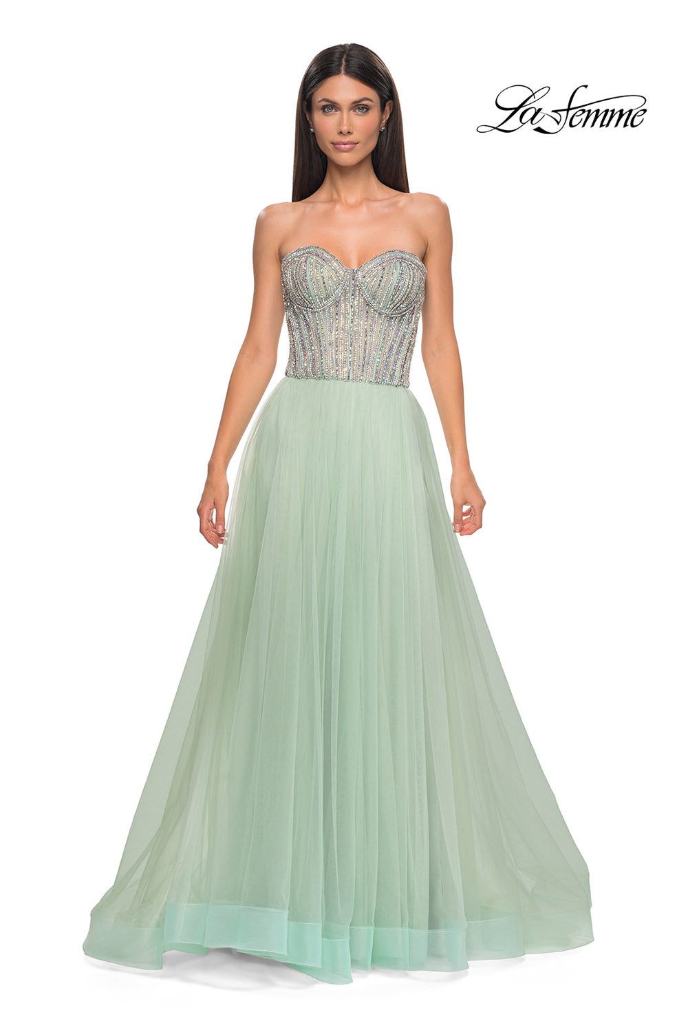 La Femme 32811 prom dress images.  La Femme 32811 is available in these colors: Light Periwinkle, Sage.