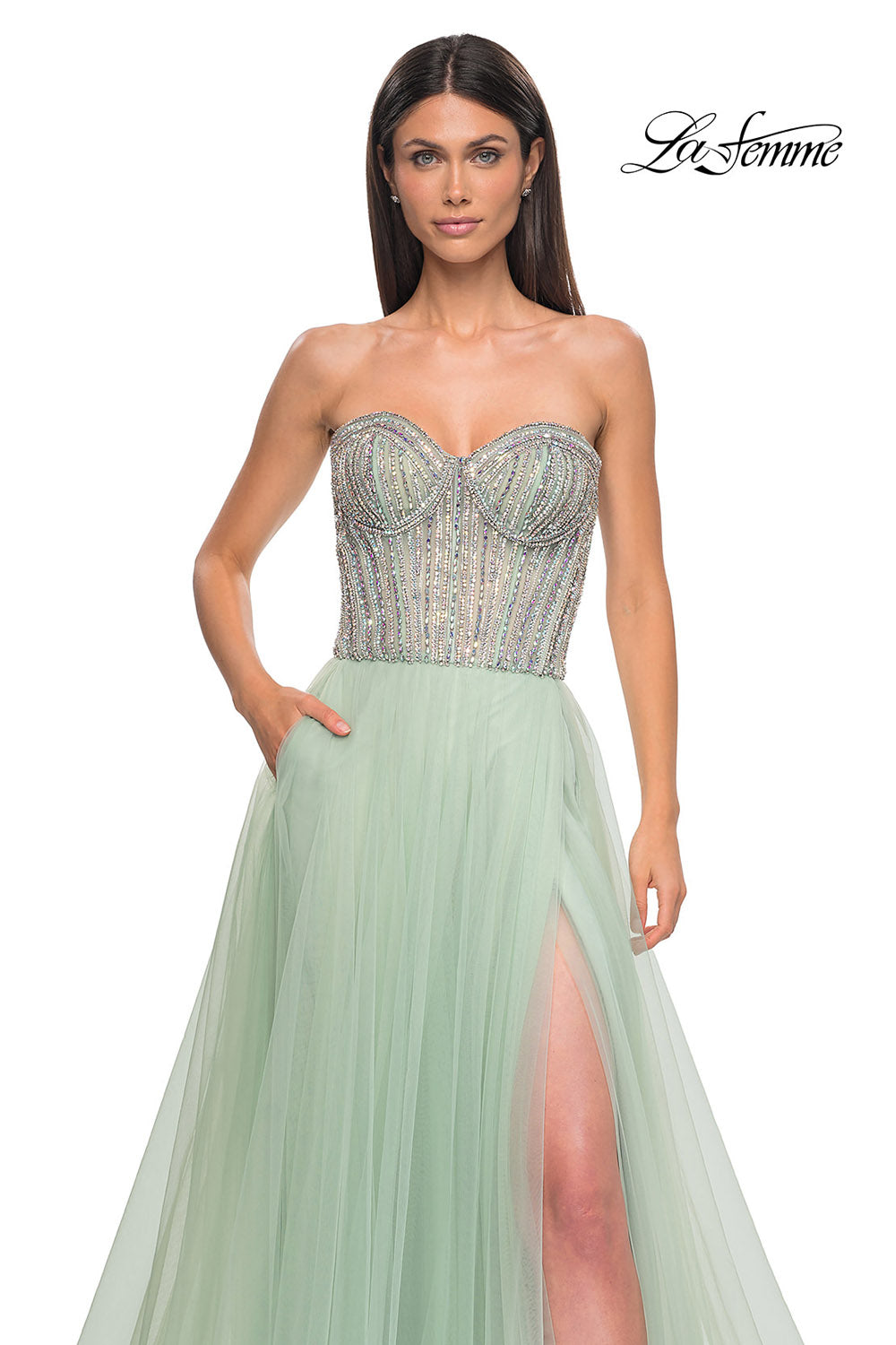 La Femme 32811 prom dress images.  La Femme 32811 is available in these colors: Light Periwinkle, Sage.