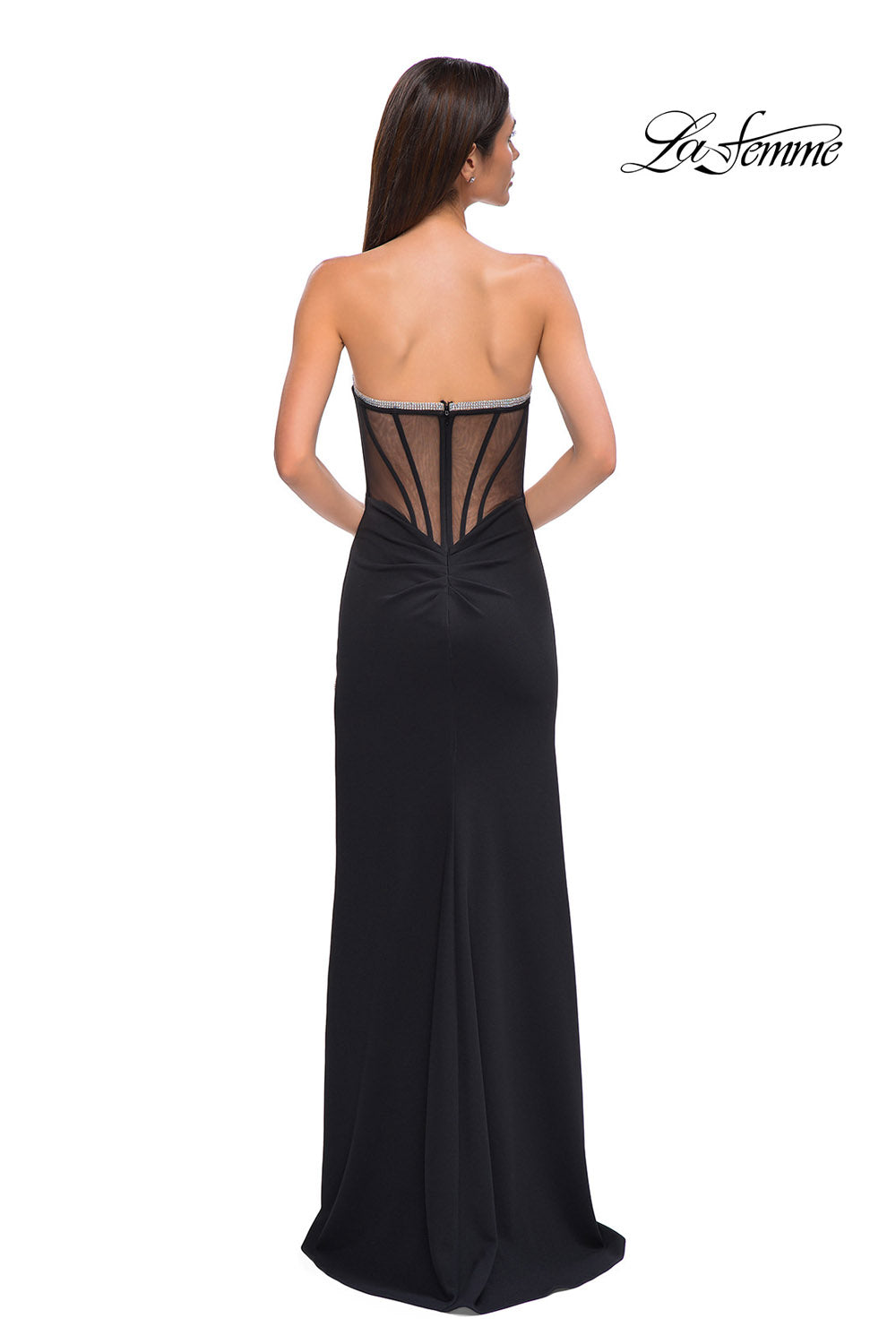 La Femme 32825 prom dress images.  La Femme 32825 is available in these colors: Black, Deep Red, Emerald, Ivory.