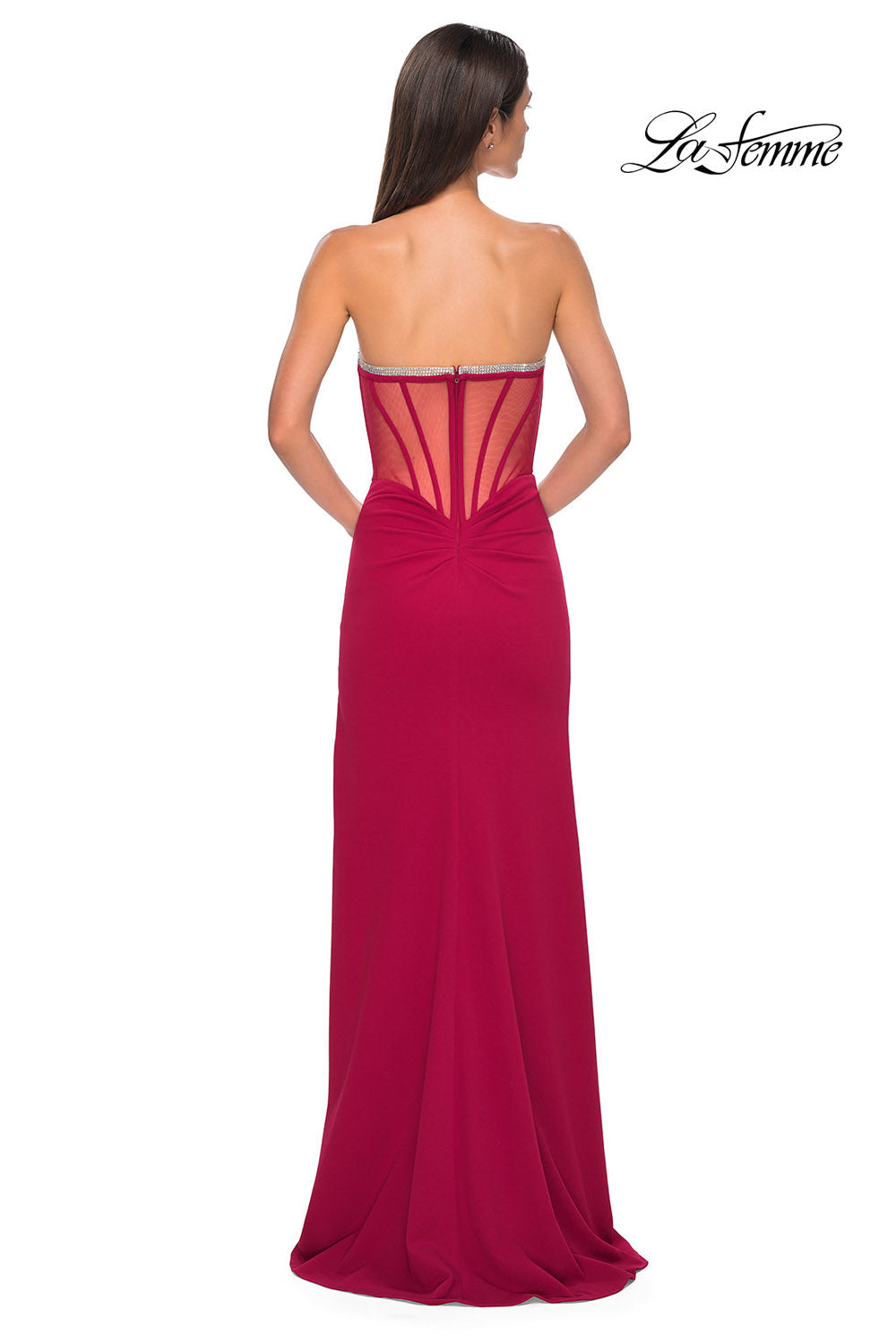 La Femme 32825 prom dress images.  La Femme 32825 is available in these colors: Black, Deep Red, Emerald, Ivory.