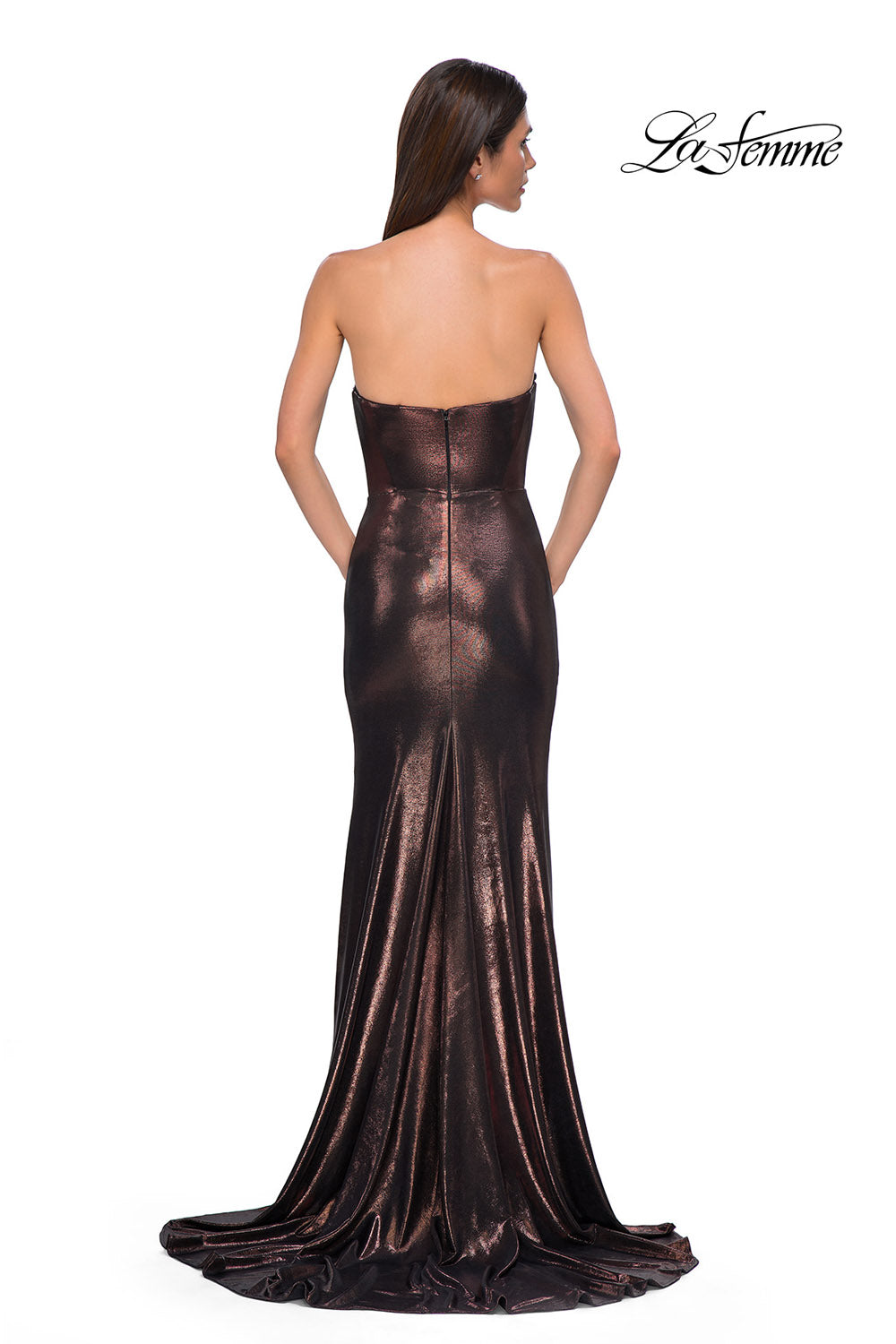 La Femme 32828 prom dress images.  La Femme 32828 is available in these colors: Bronze, Dark Teal, Indigo, Matcha, Mocha, Purple.