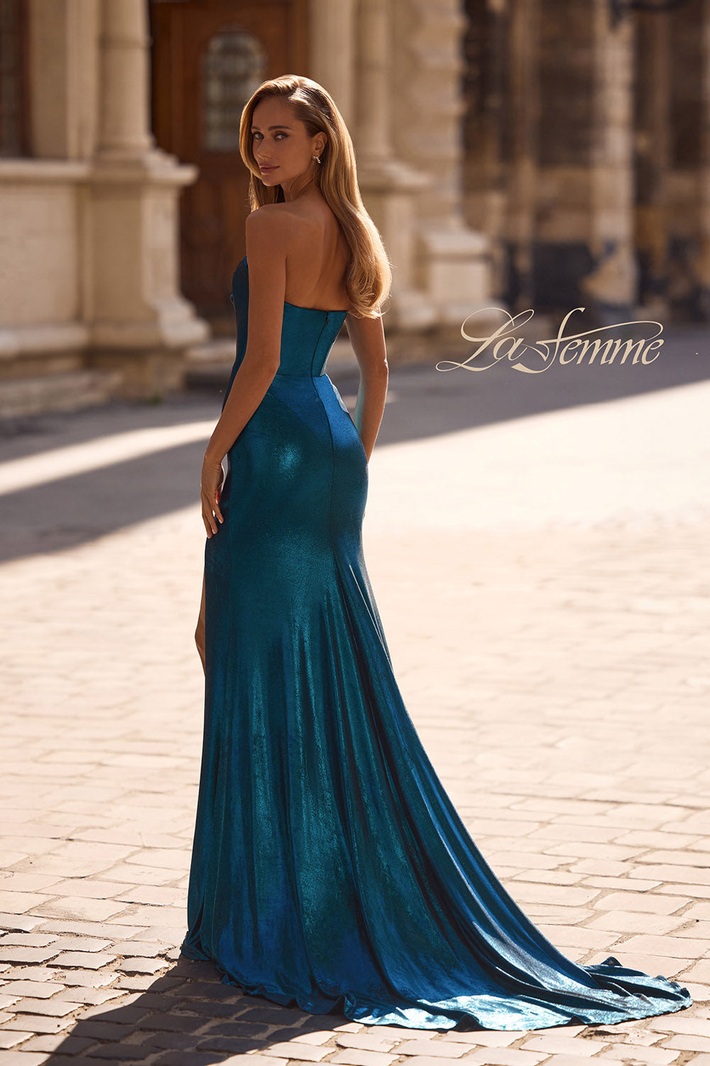 La Femme 32828 prom dress images.  La Femme 32828 is available in these colors: Bronze, Dark Teal, Indigo, Matcha, Mocha, Purple.