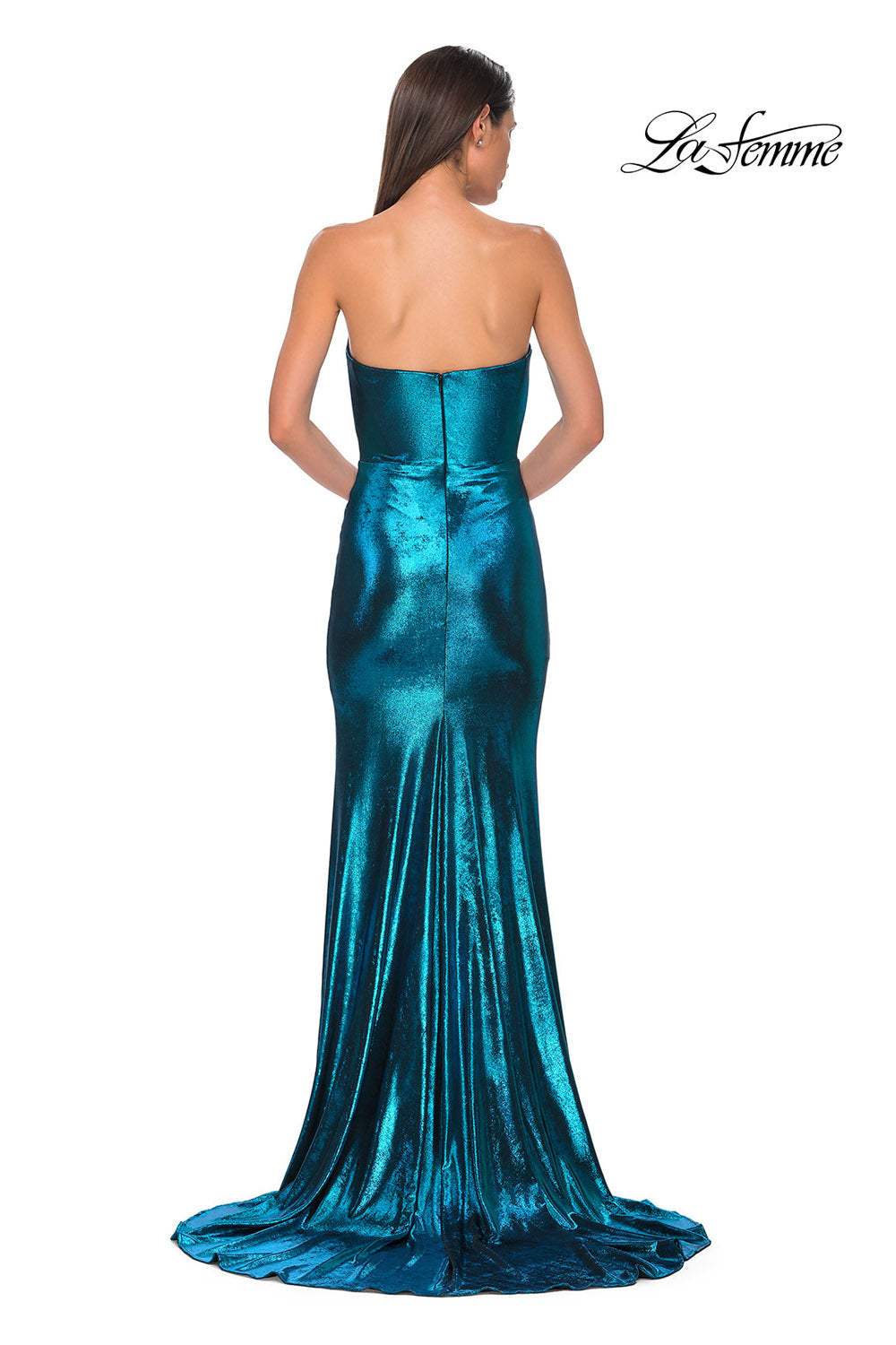 La Femme 32828 prom dress images.  La Femme 32828 is available in these colors: Bronze, Dark Teal, Indigo, Matcha, Mocha, Purple.