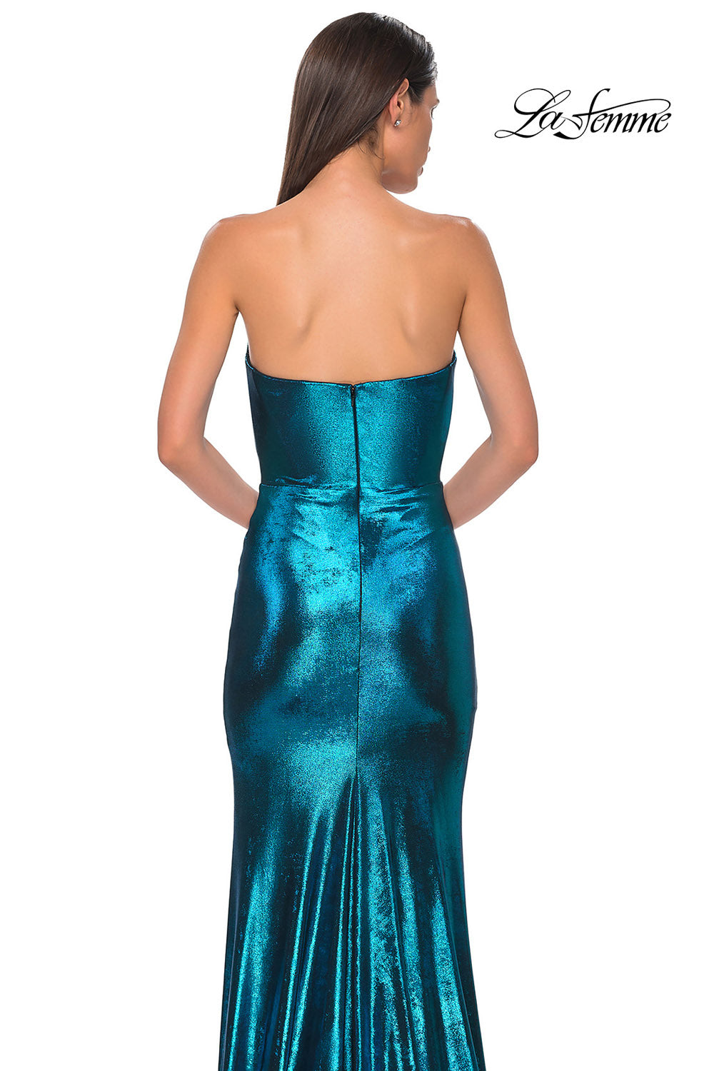 La Femme 32828 prom dress images.  La Femme 32828 is available in these colors: Bronze, Dark Teal, Indigo, Matcha, Mocha, Purple.