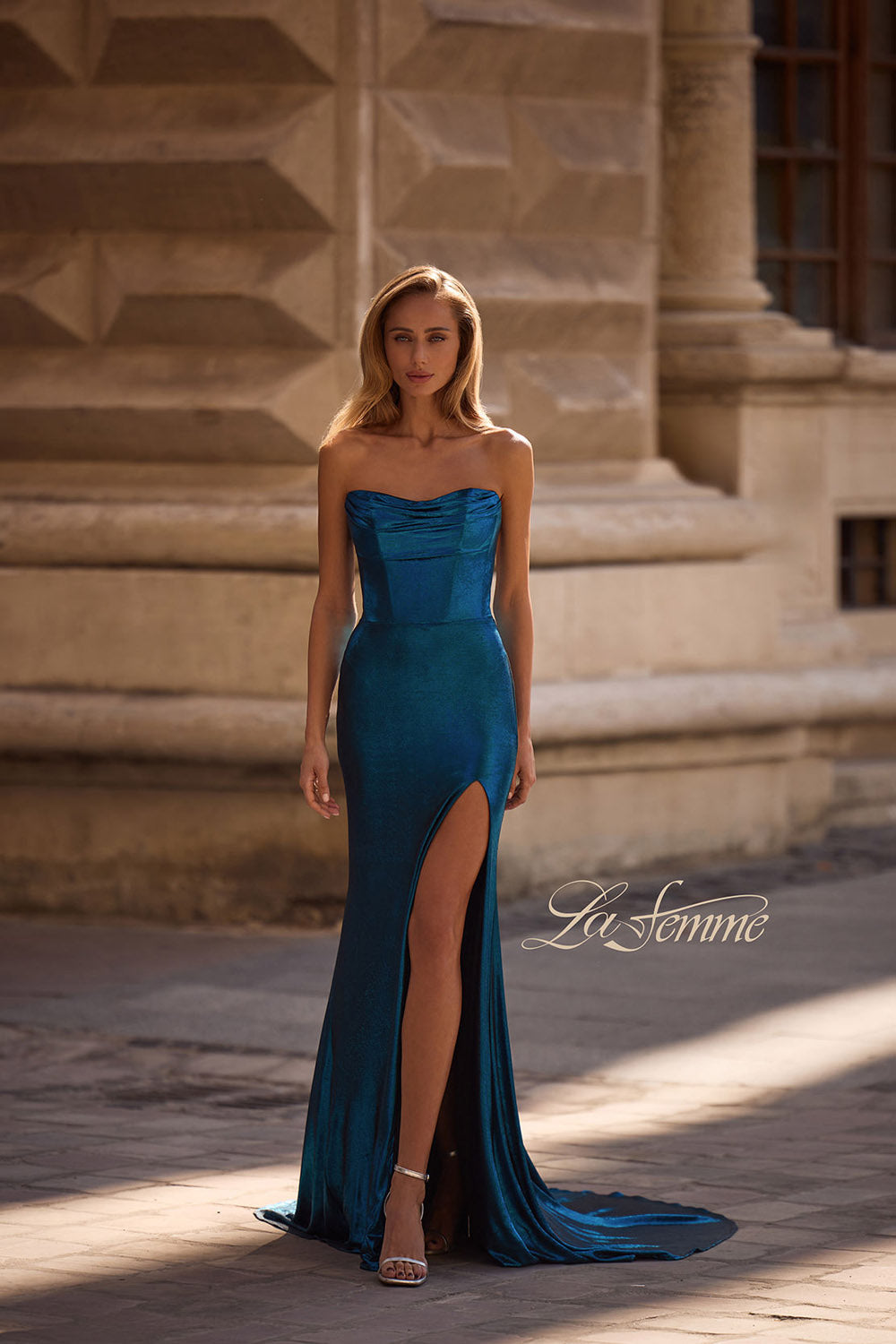 La Femme 32828 prom dress images.  La Femme 32828 is available in these colors: Bronze, Dark Teal, Indigo, Matcha, Mocha, Purple.