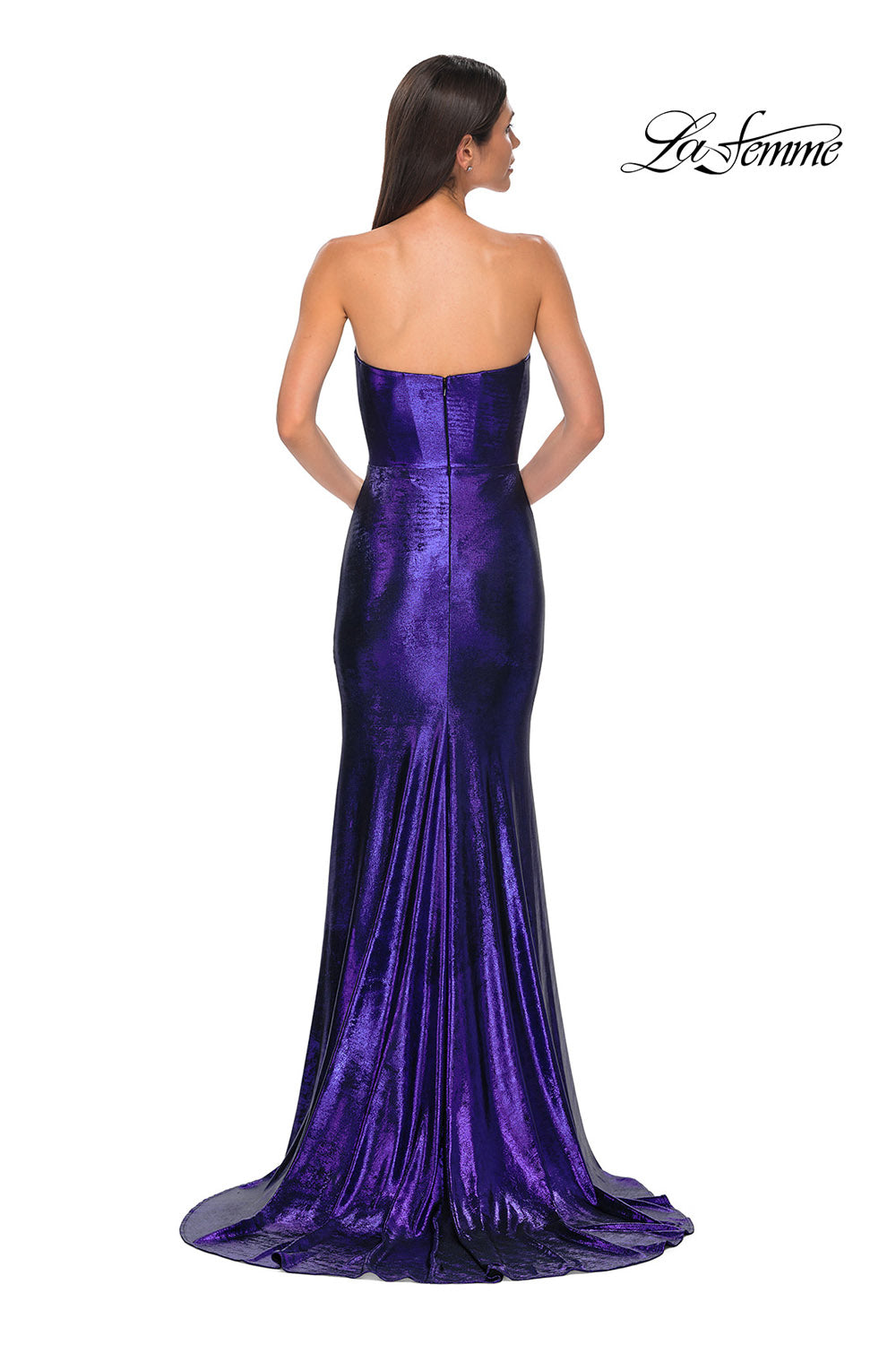 La Femme 32828 prom dress images.  La Femme 32828 is available in these colors: Bronze, Dark Teal, Indigo, Matcha, Mocha, Purple.