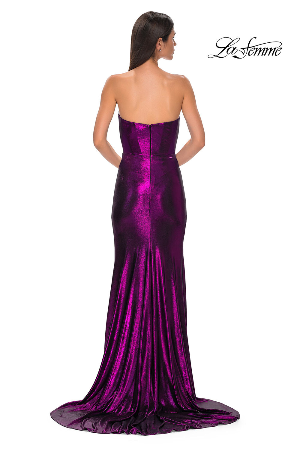 La Femme 32828 prom dress images.  La Femme 32828 is available in these colors: Bronze, Dark Teal, Indigo, Matcha, Mocha, Purple.