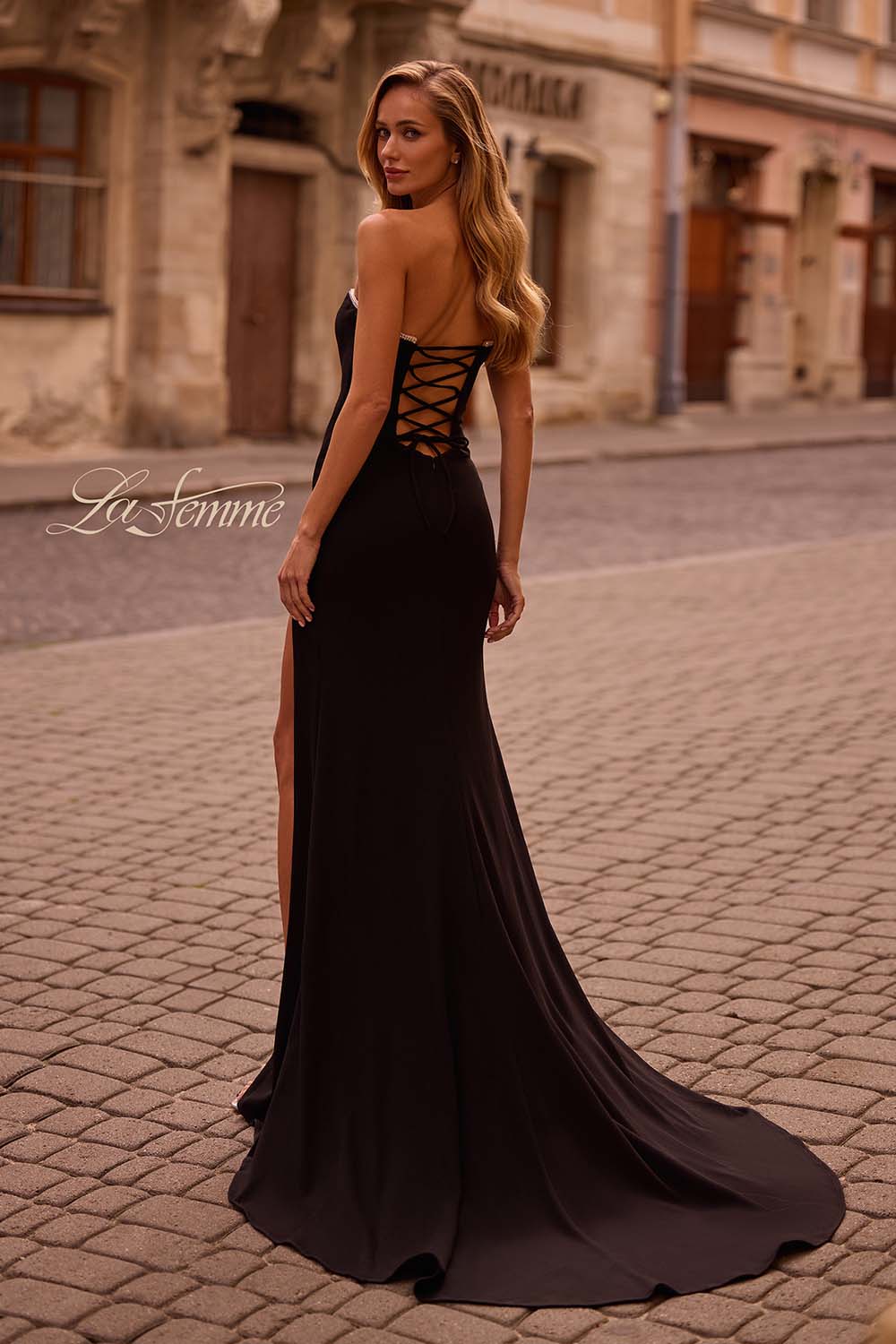 La Femme 32829 prom dress images.  La Femme 32829 is available in these colors: Black, Ivory, Pale Yellow, Red, Royal Blue, Teal.