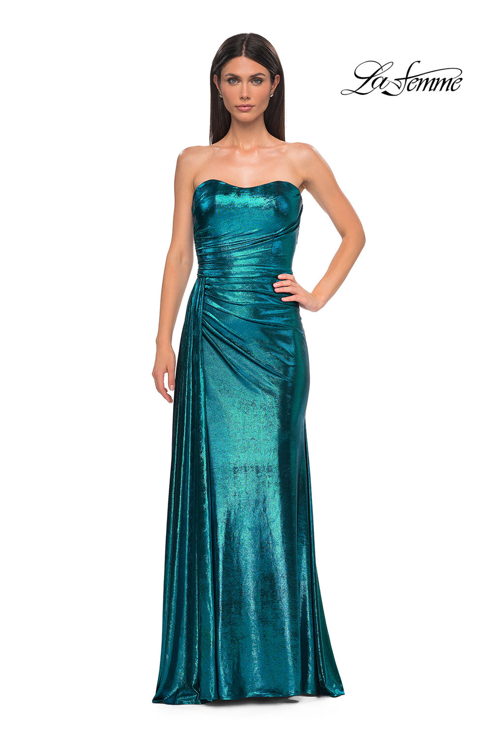 La Femme 32830 prom dress images.  La Femme 32830 is available in these colors: Black Gold, Dark Teal, Indigo, Matcha, Purple.