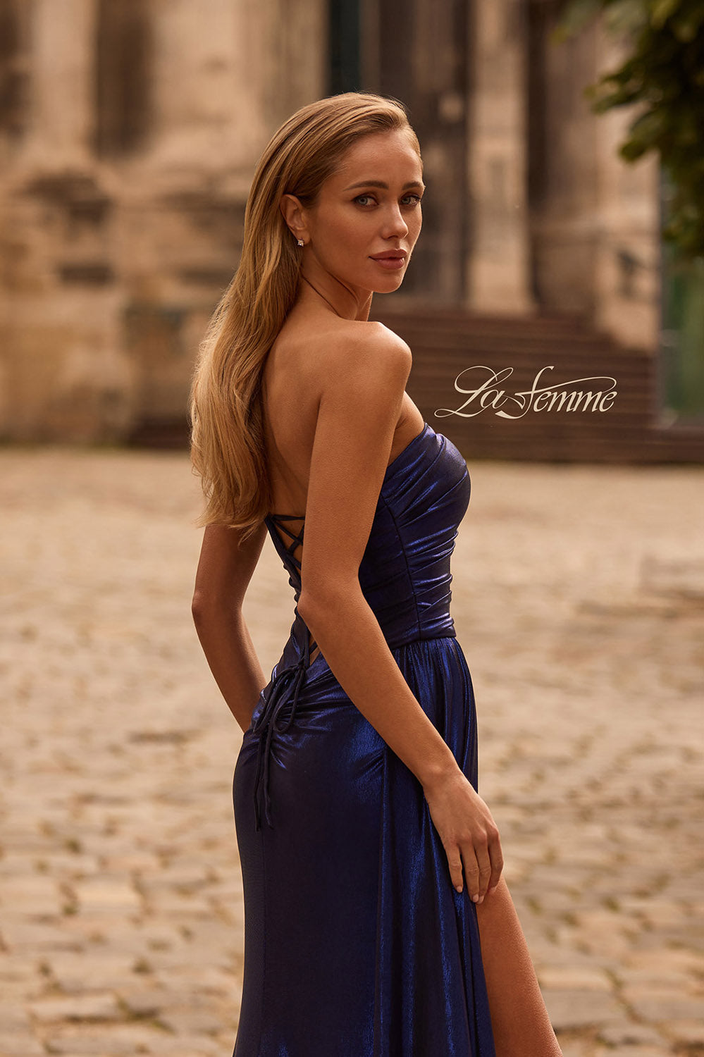 La Femme 32830 prom dress images.  La Femme 32830 is available in these colors: Black Gold, Dark Teal, Indigo, Matcha, Purple.