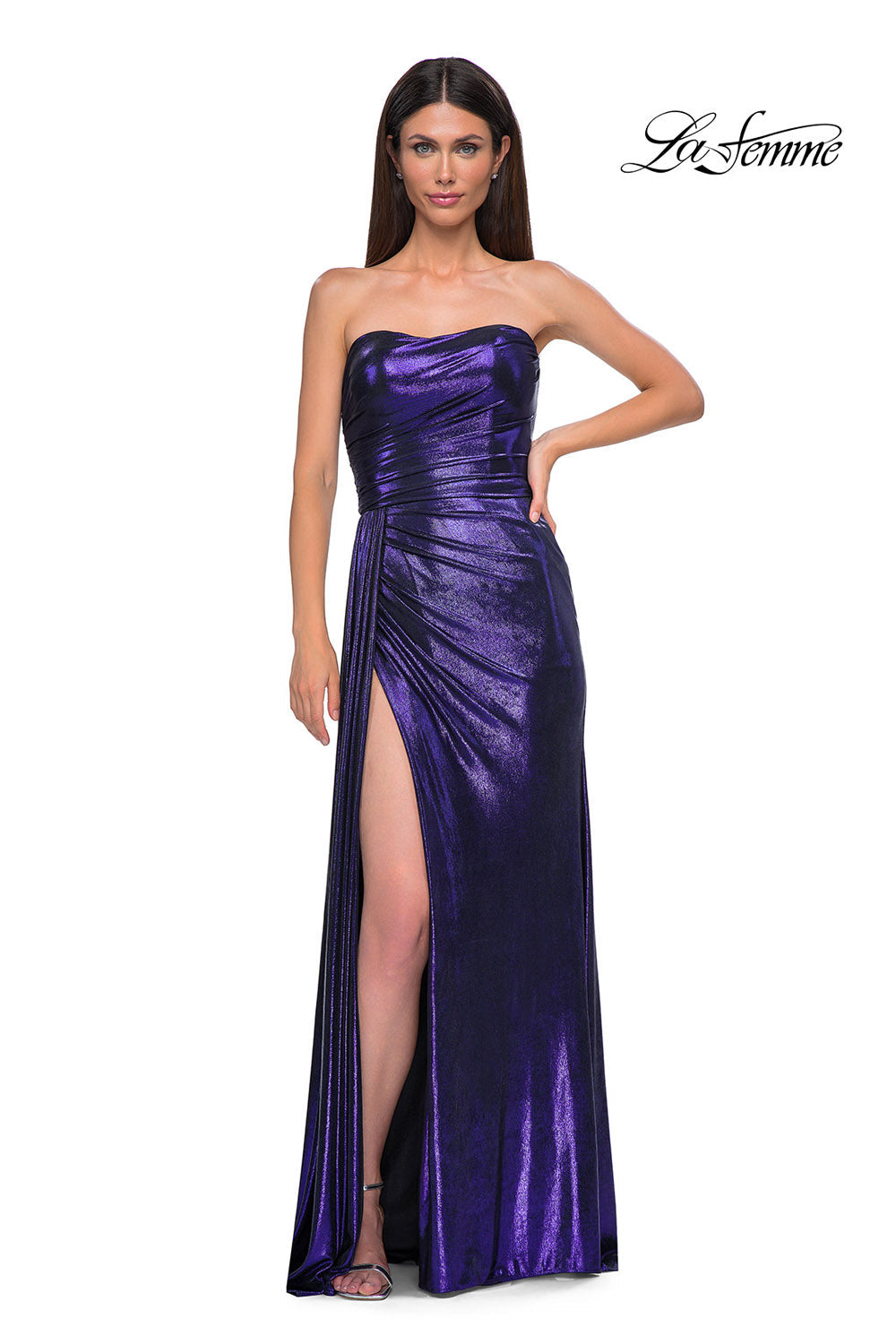 La Femme 32830 prom dress images.  La Femme 32830 is available in these colors: Black Gold, Dark Teal, Indigo, Matcha, Purple.