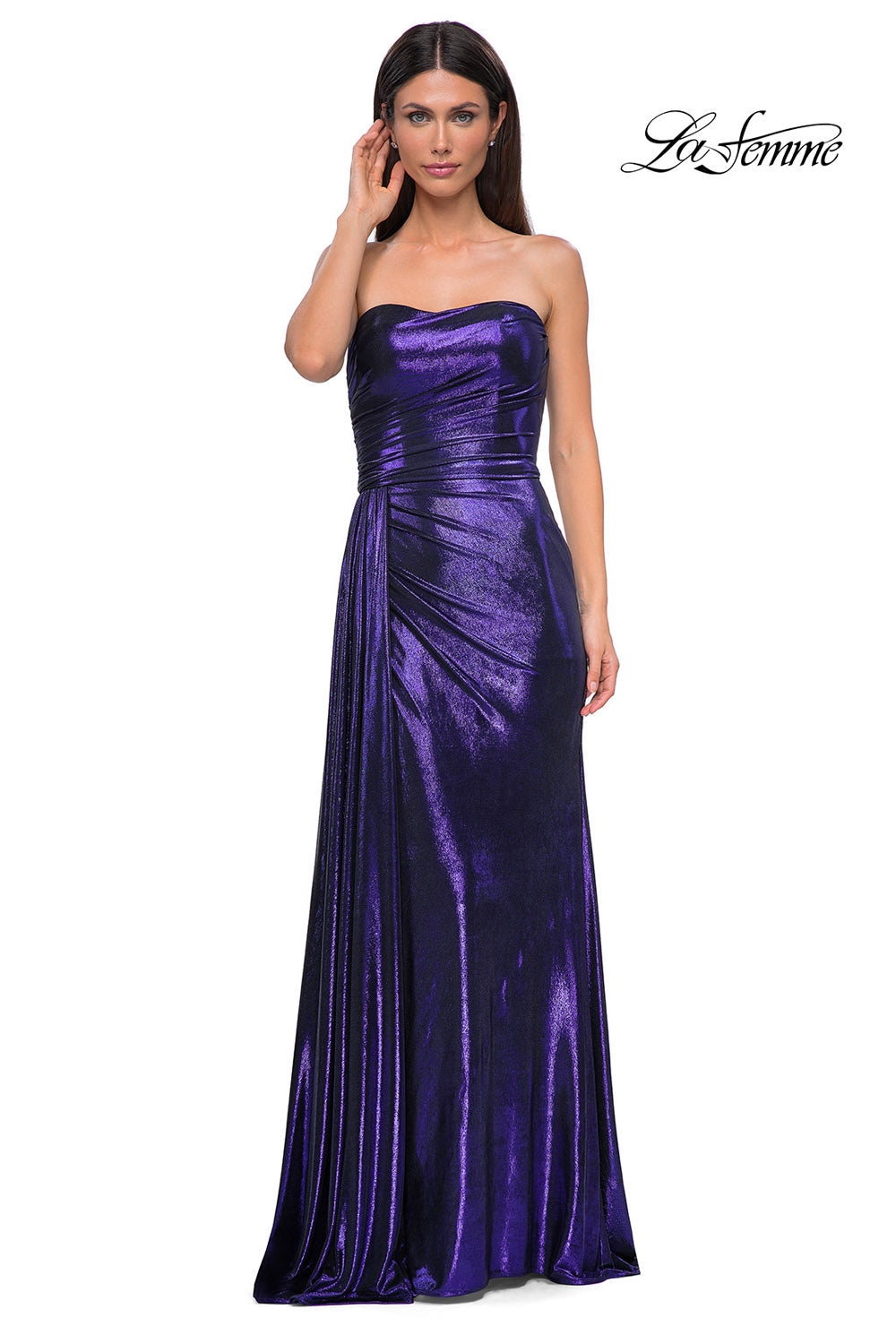 La Femme 32830 prom dress images.  La Femme 32830 is available in these colors: Black Gold, Dark Teal, Indigo, Matcha, Purple.